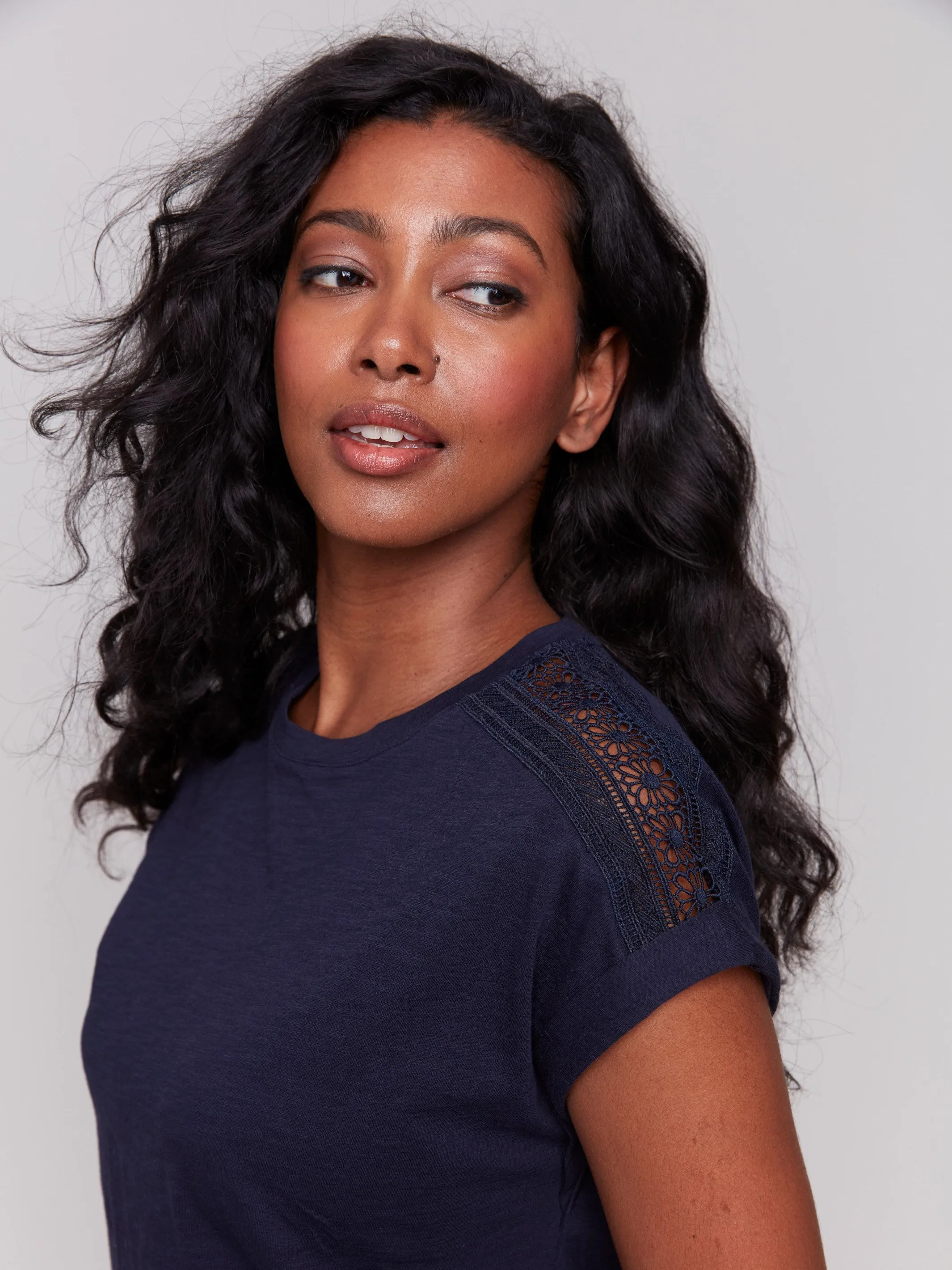 Drop Shoulder T-Shirt with Lace Detail - Navy sold by Charlie B product image thumbnail 2
