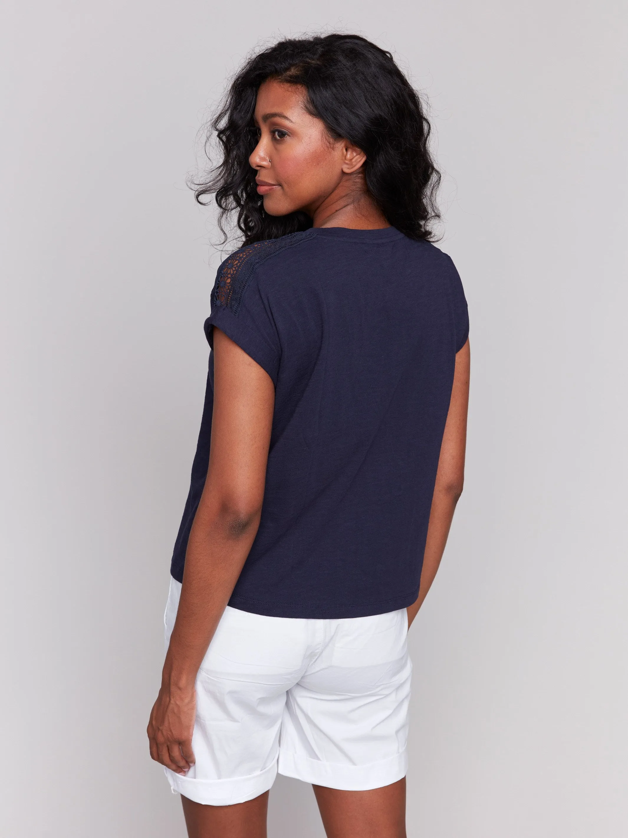 Drop Shoulder T-Shirt with Lace Detail - Navy sold by Charlie B product image thumbnail 4