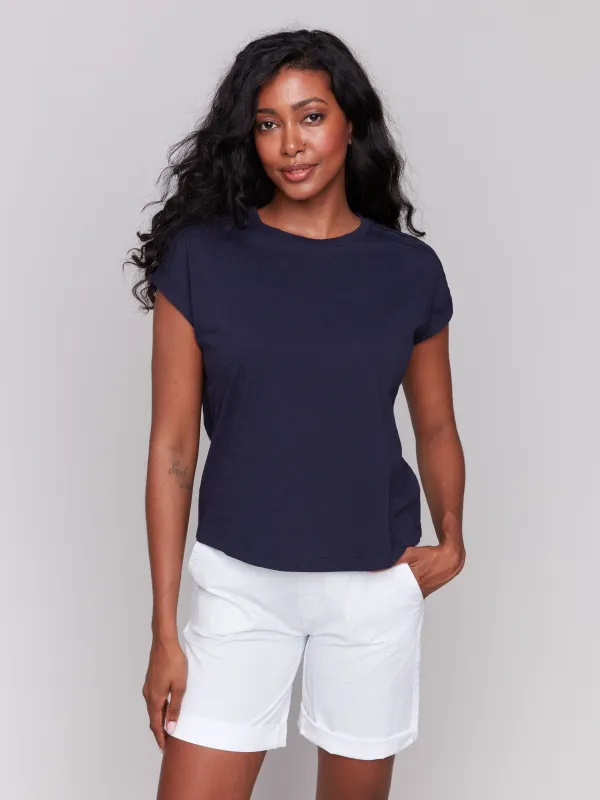 Drop Shoulder T-Shirt with Lace Detail - Navy sold by Charlie B