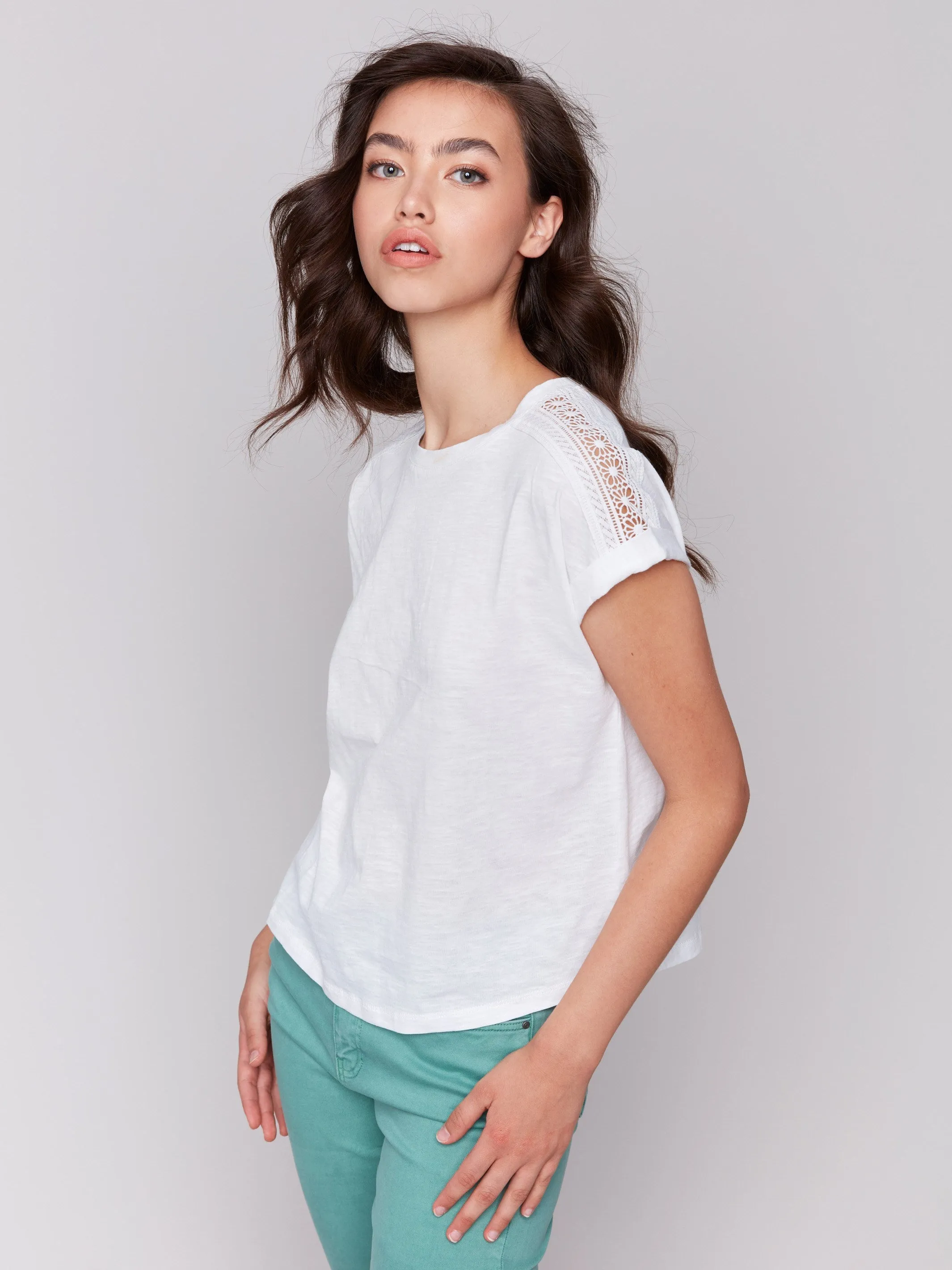Drop Shoulder T-Shirt with Lace Detail - White sold by Charlie B product image thumbnail 5