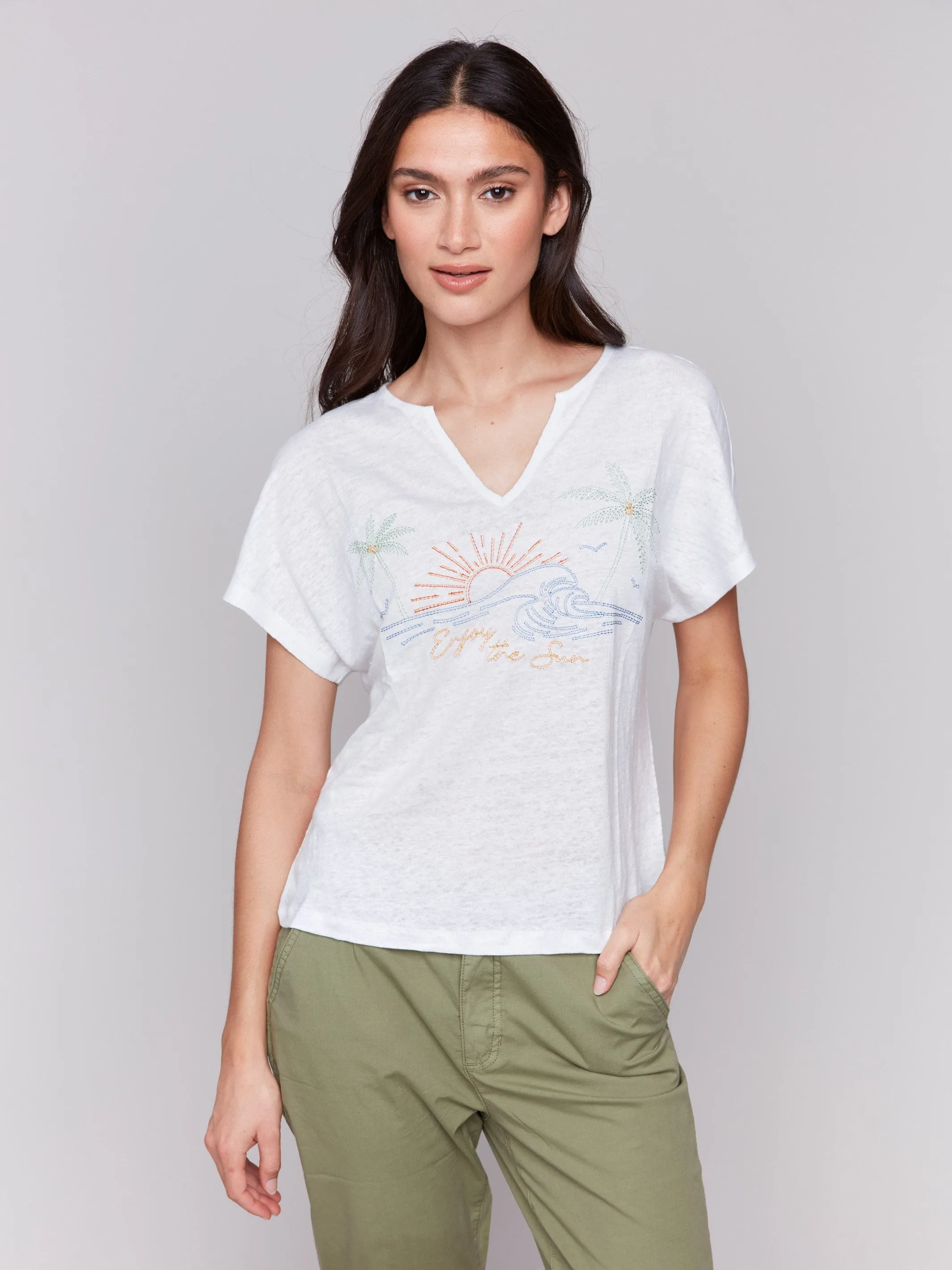 Embroidered Short Sleeve Dolman Top - White sold by Charlie B