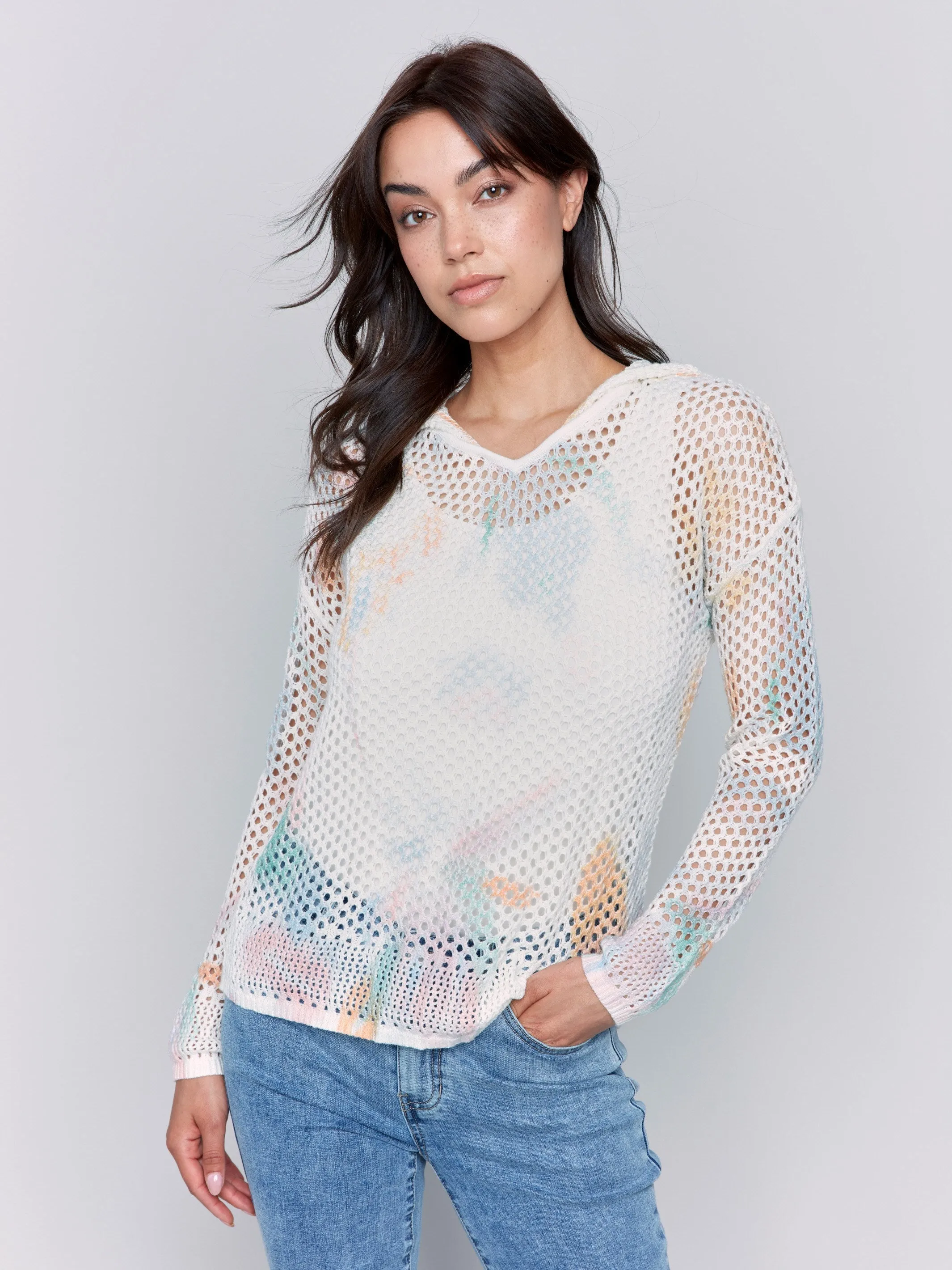 Printed Fishnet Crochet Hoodie Sweater - Pastel sold by Charlie B