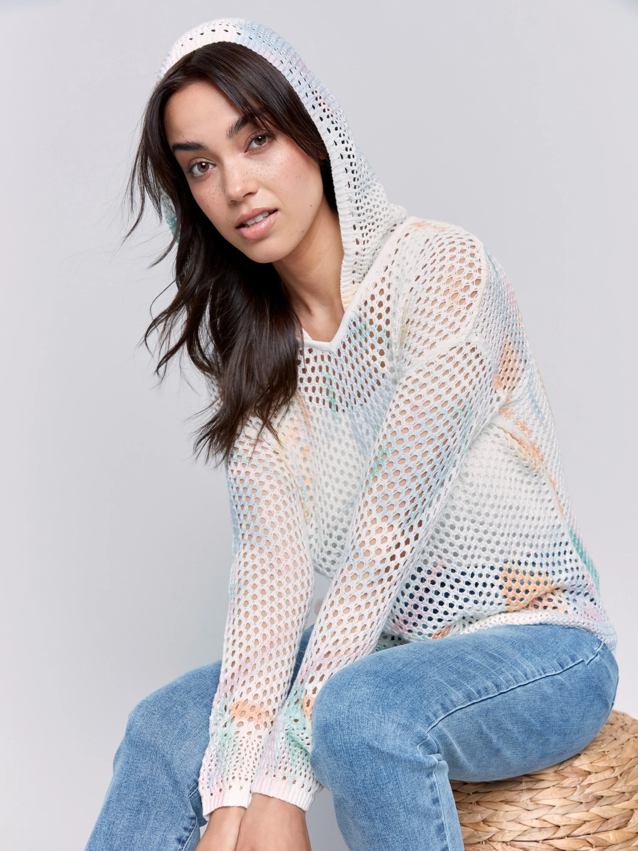 Printed Fishnet Crochet Hoodie Sweater - Pastel sold by Charlie B product image thumbnail 2