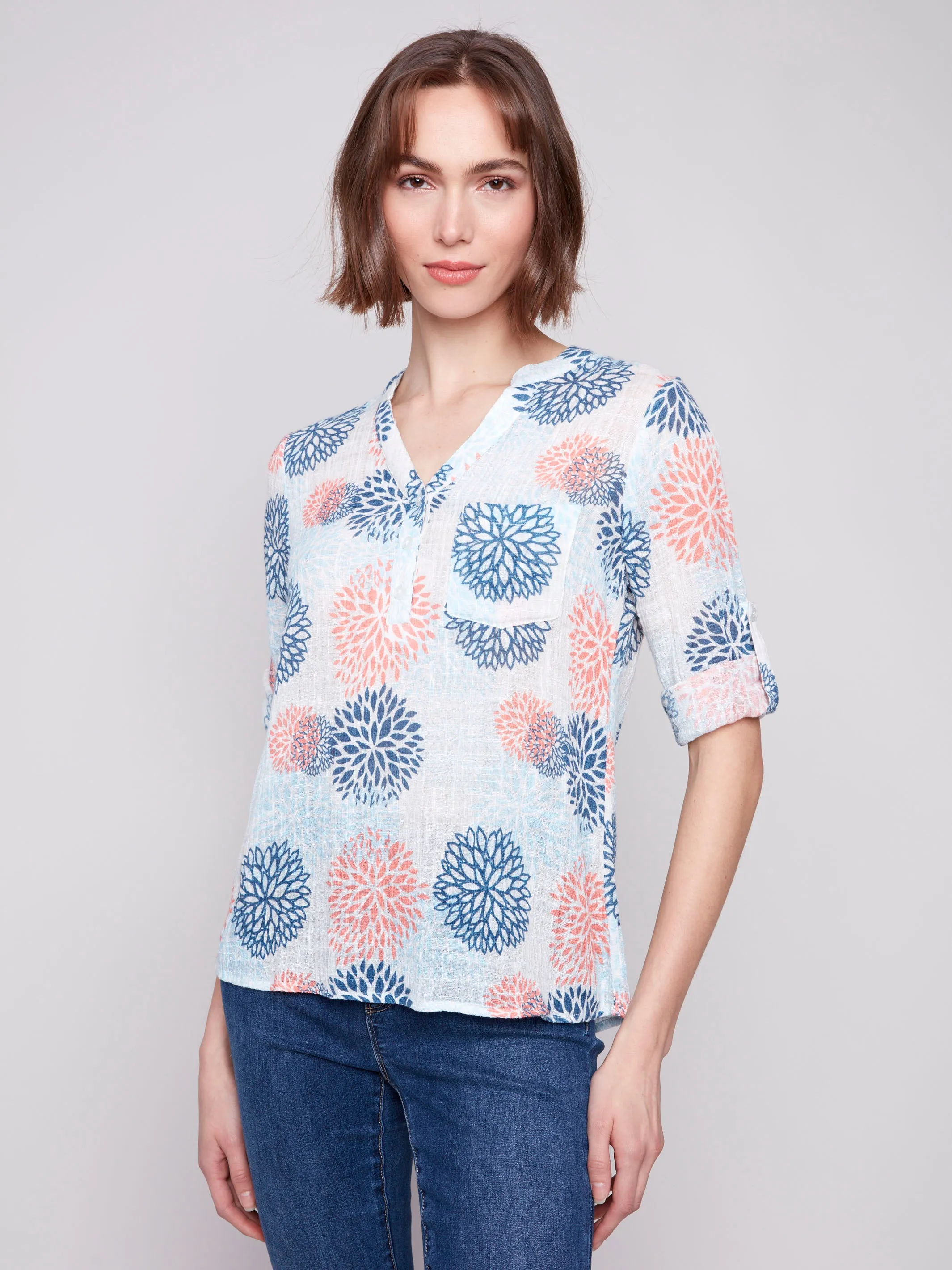 Printed Cotton Gauze Half-Button Blouse - Jasmine sold by Charlie B