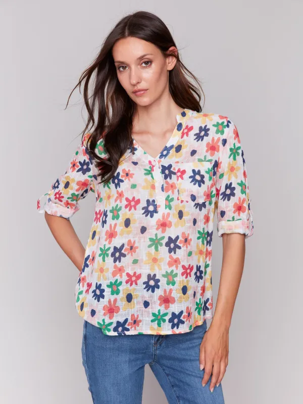 Printed Cotton Gauze Half-Button Blouse - Daisies sold by Charlie B