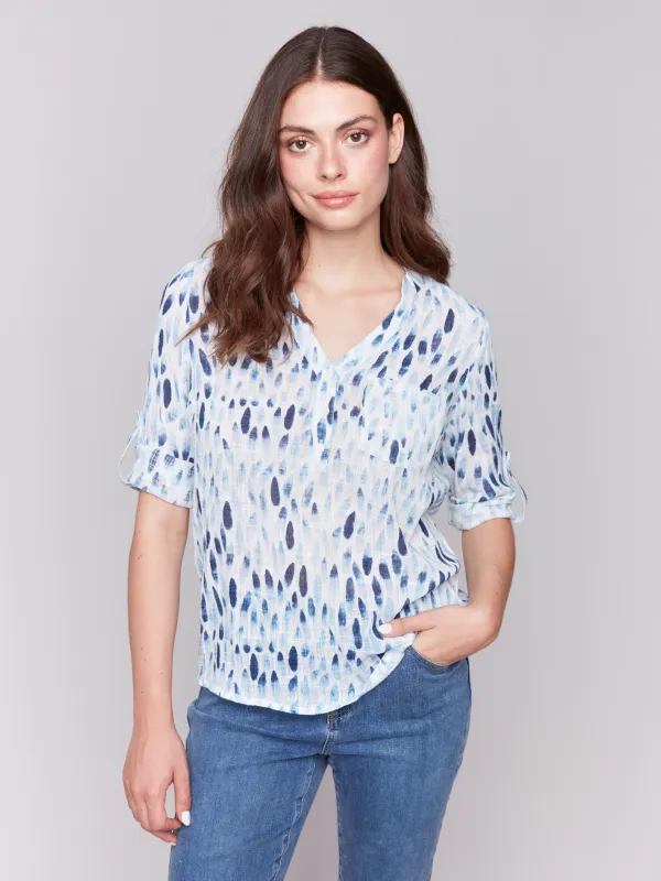 Printed Cotton Gauze Half-Button Blouse - Blue sold by Charlie B