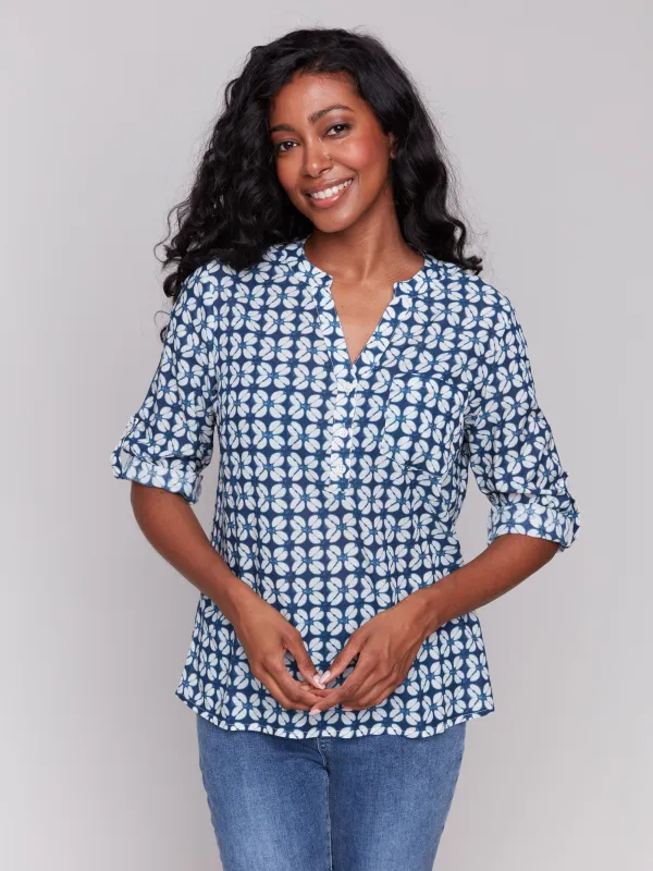 Printed Viscose Half-Button Blouse - Waterflower sold by Charlie B