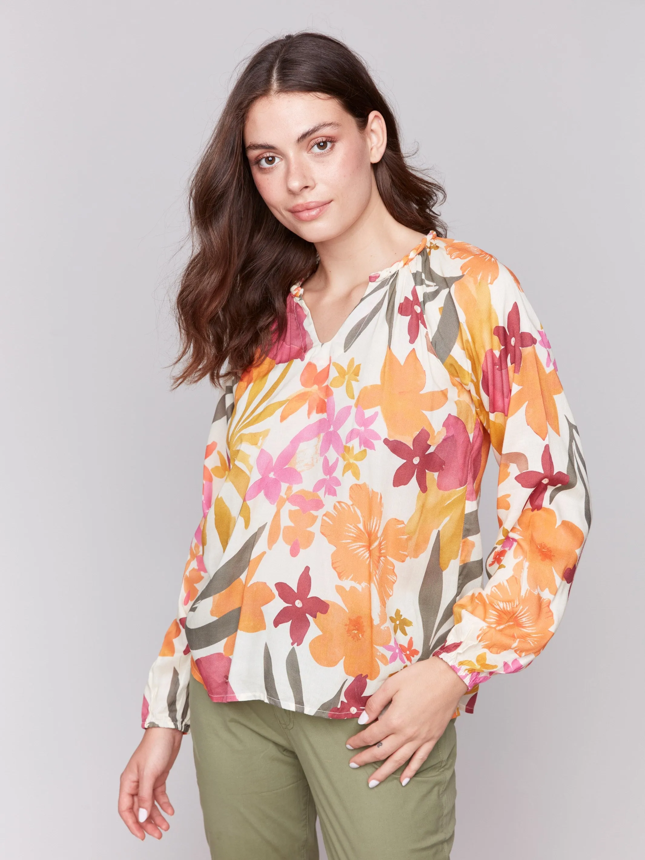 Printed Viscose Long Sleeve Popover Blouse - Bouquet sold by Charlie B product image thumbnail 4