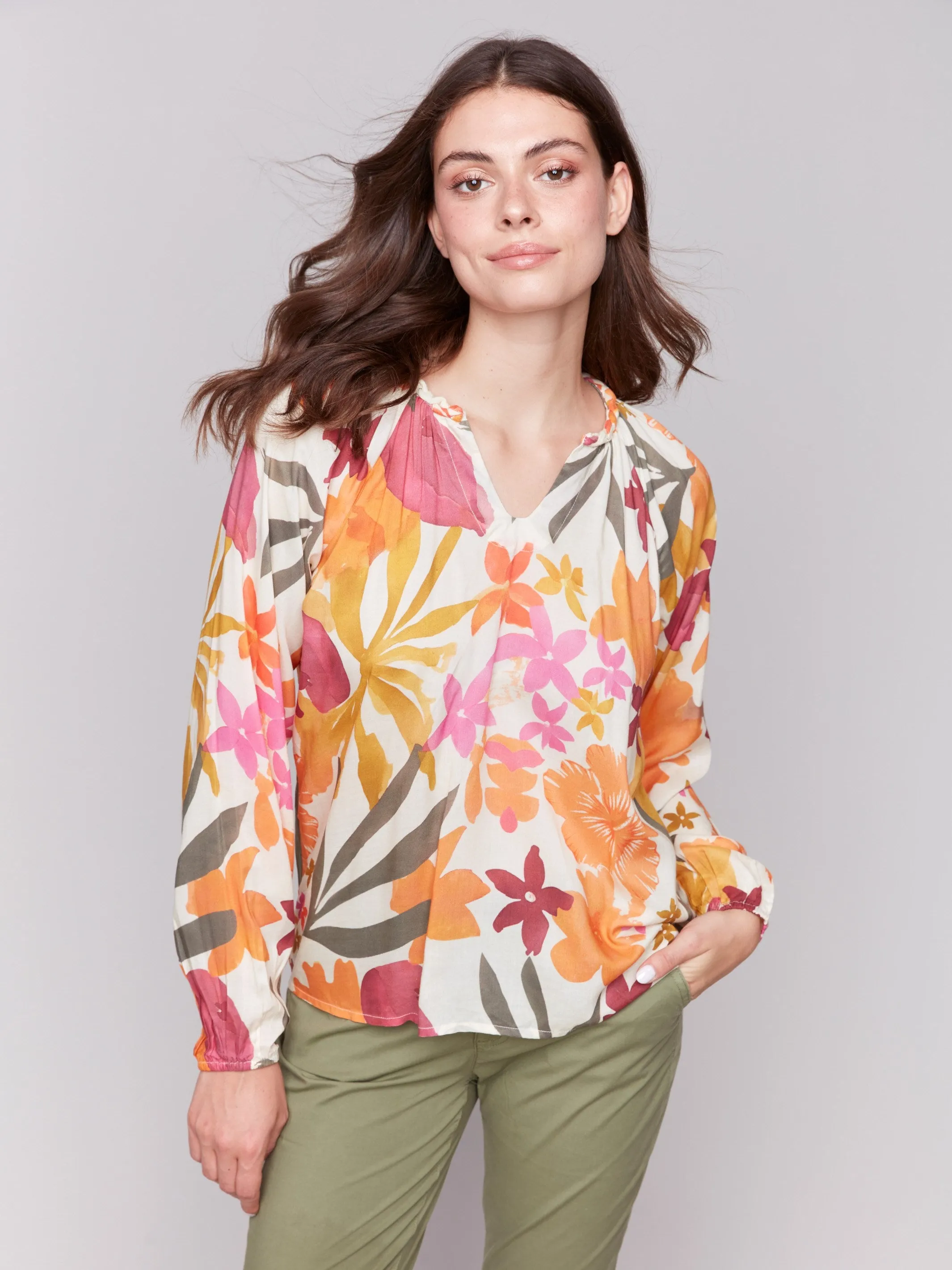 Printed Viscose Long Sleeve Popover Blouse - Bouquet sold by Charlie B