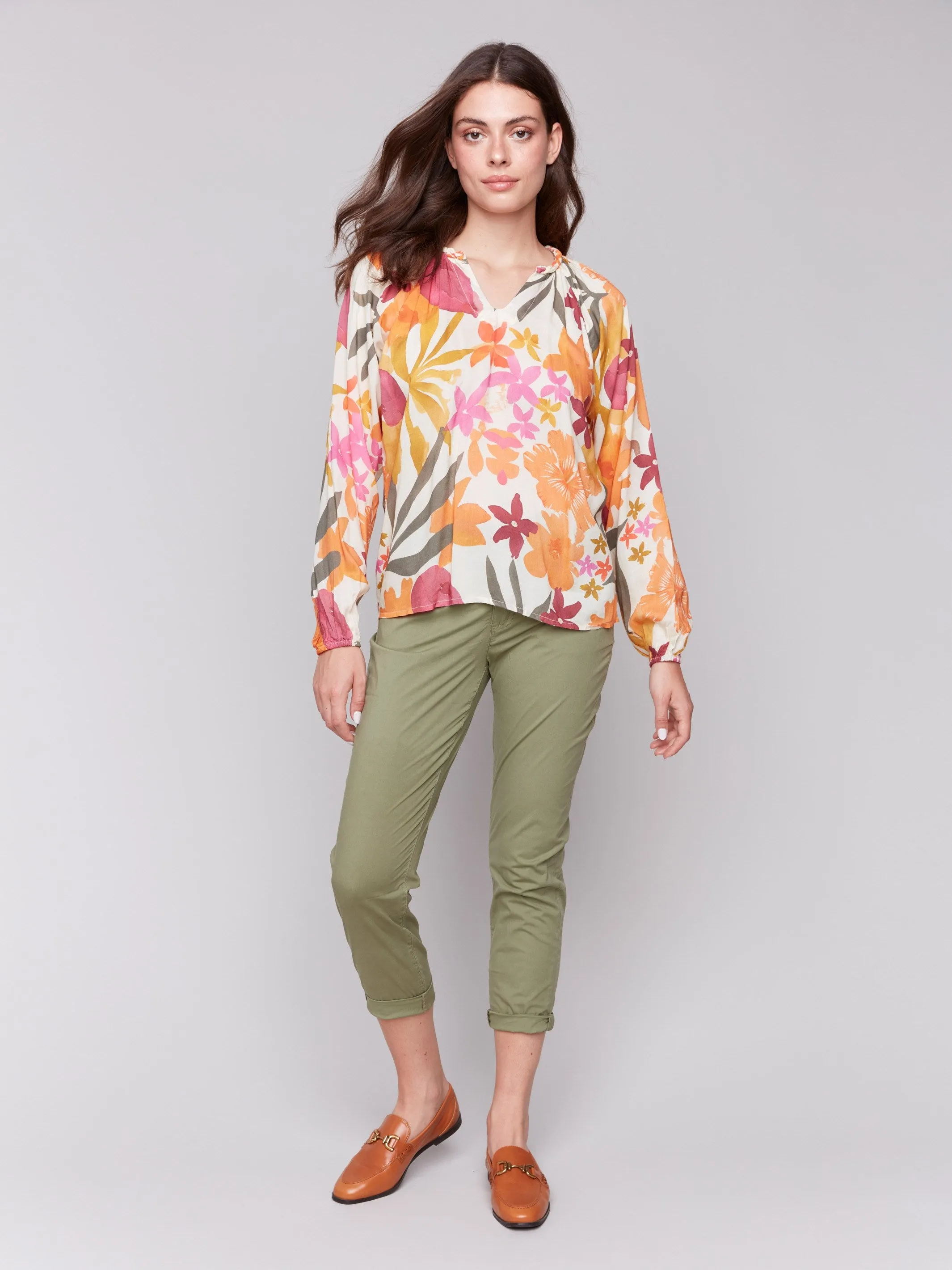 Printed Viscose Long Sleeve Popover Blouse - Bouquet sold by Charlie B product image thumbnail 2