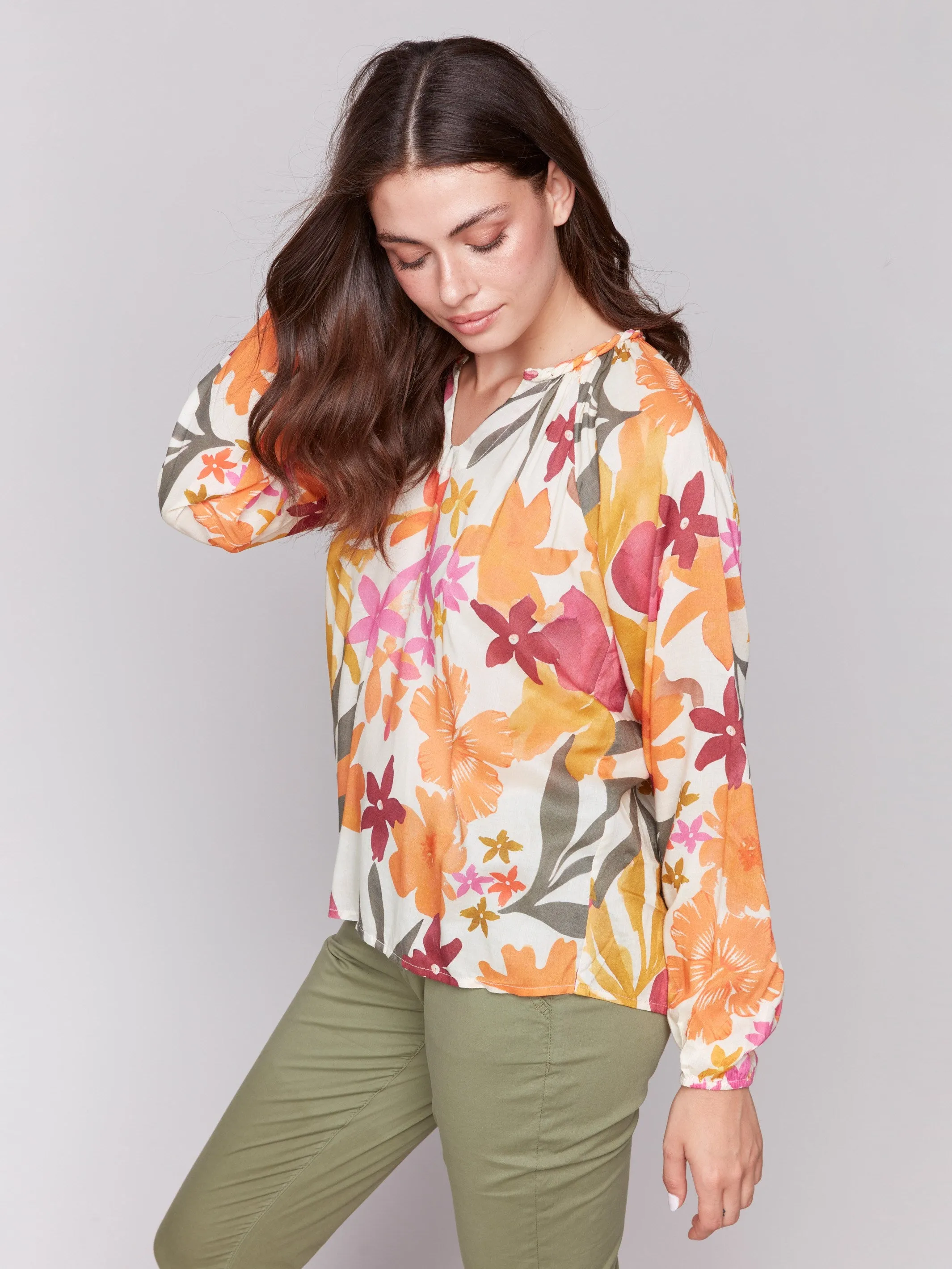 Printed Viscose Long Sleeve Popover Blouse - Bouquet sold by Charlie B product image thumbnail 3