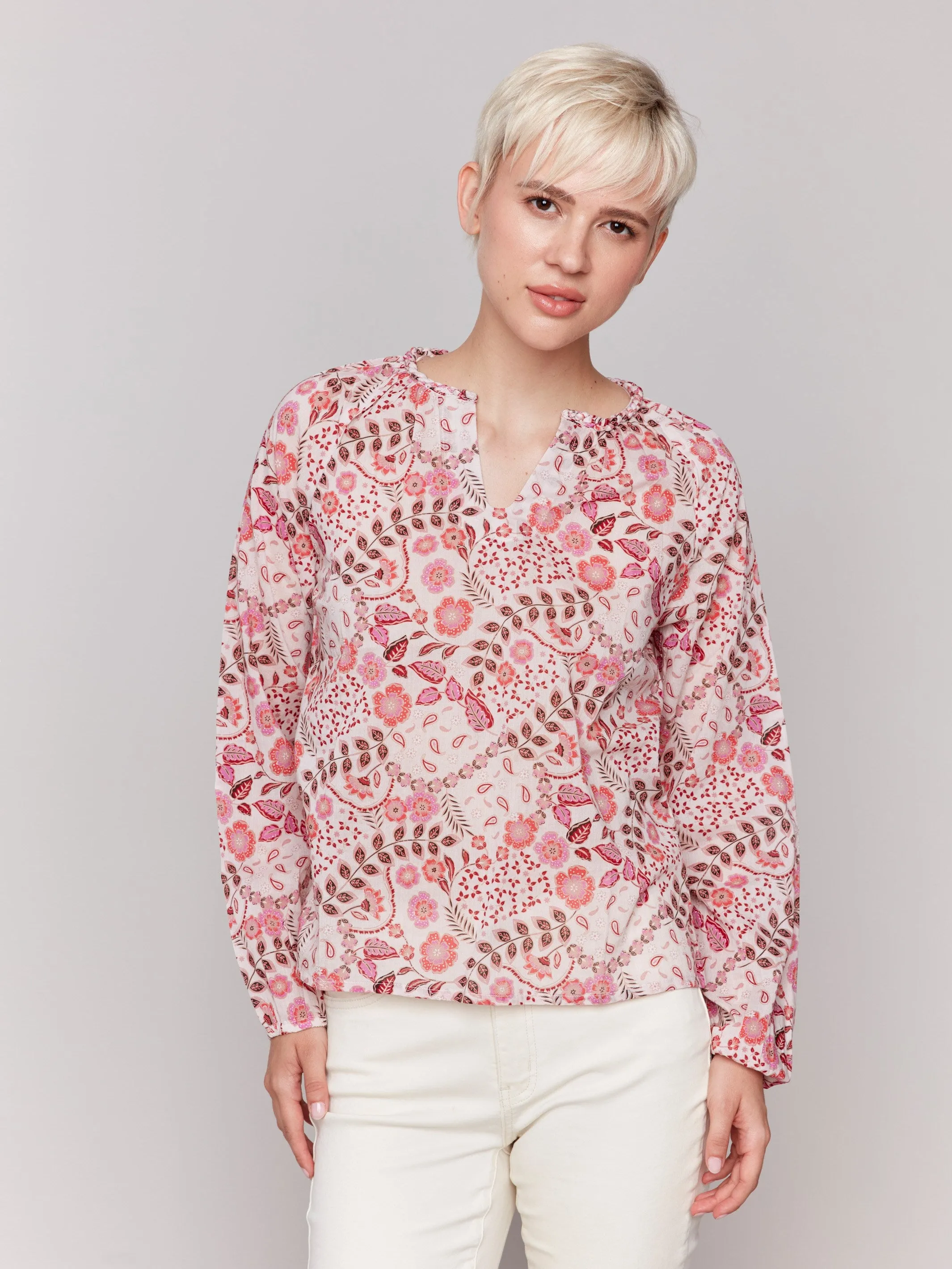 Printed Cotton Long Sleeve Popover Blouse - Ditsy sold by Charlie B product image thumbnail 4