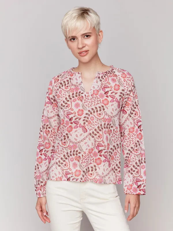 Printed Cotton Long Sleeve Popover Blouse - Ditsy sold by Charlie B