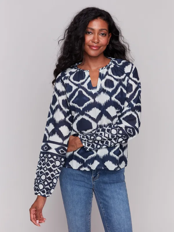 Printed Cotton Long Sleeve Popover Blouse - Navy sold by Charlie B