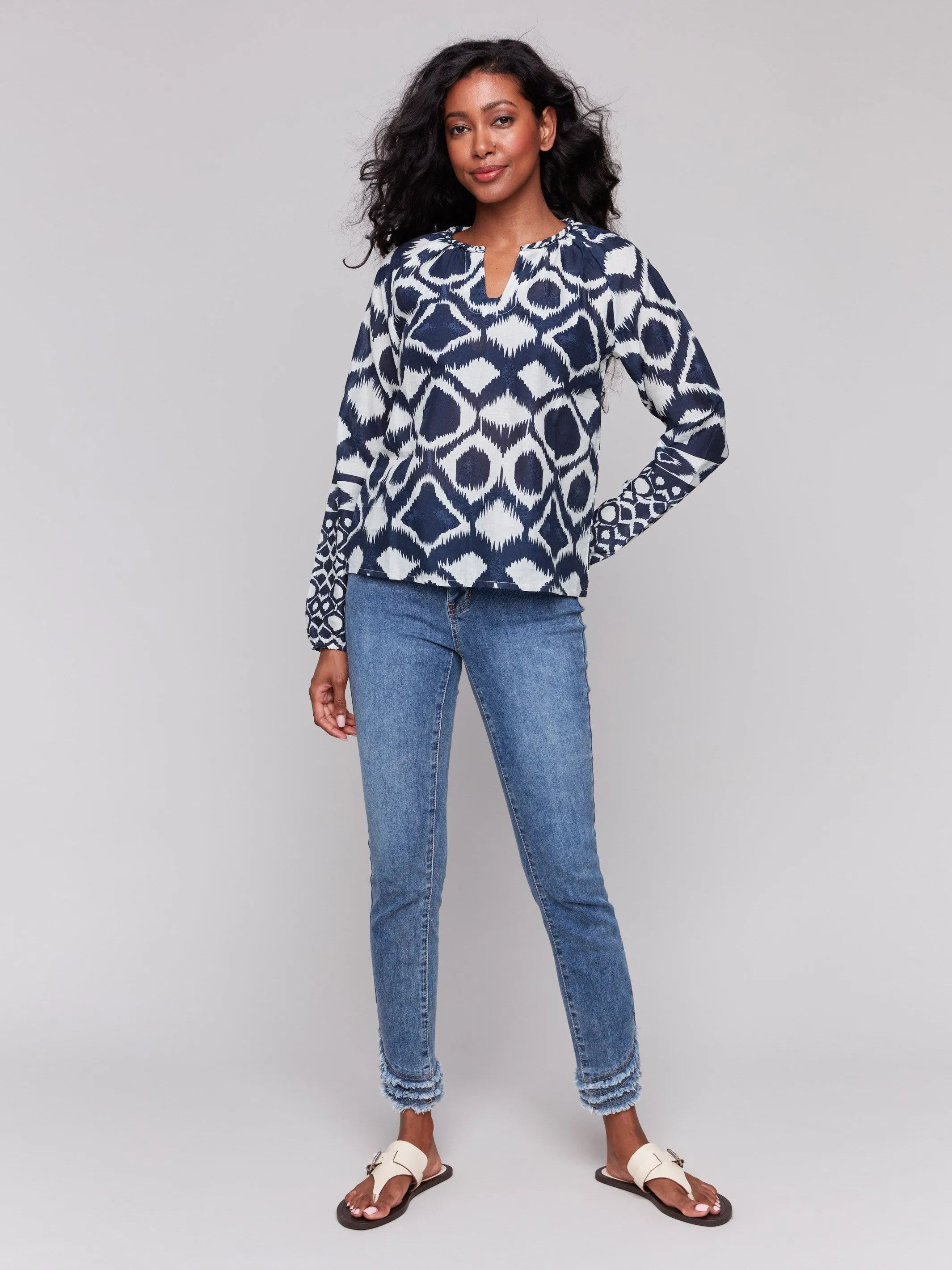 Printed Cotton Long Sleeve Popover Blouse - Navy sold by Charlie B product image thumbnail 2