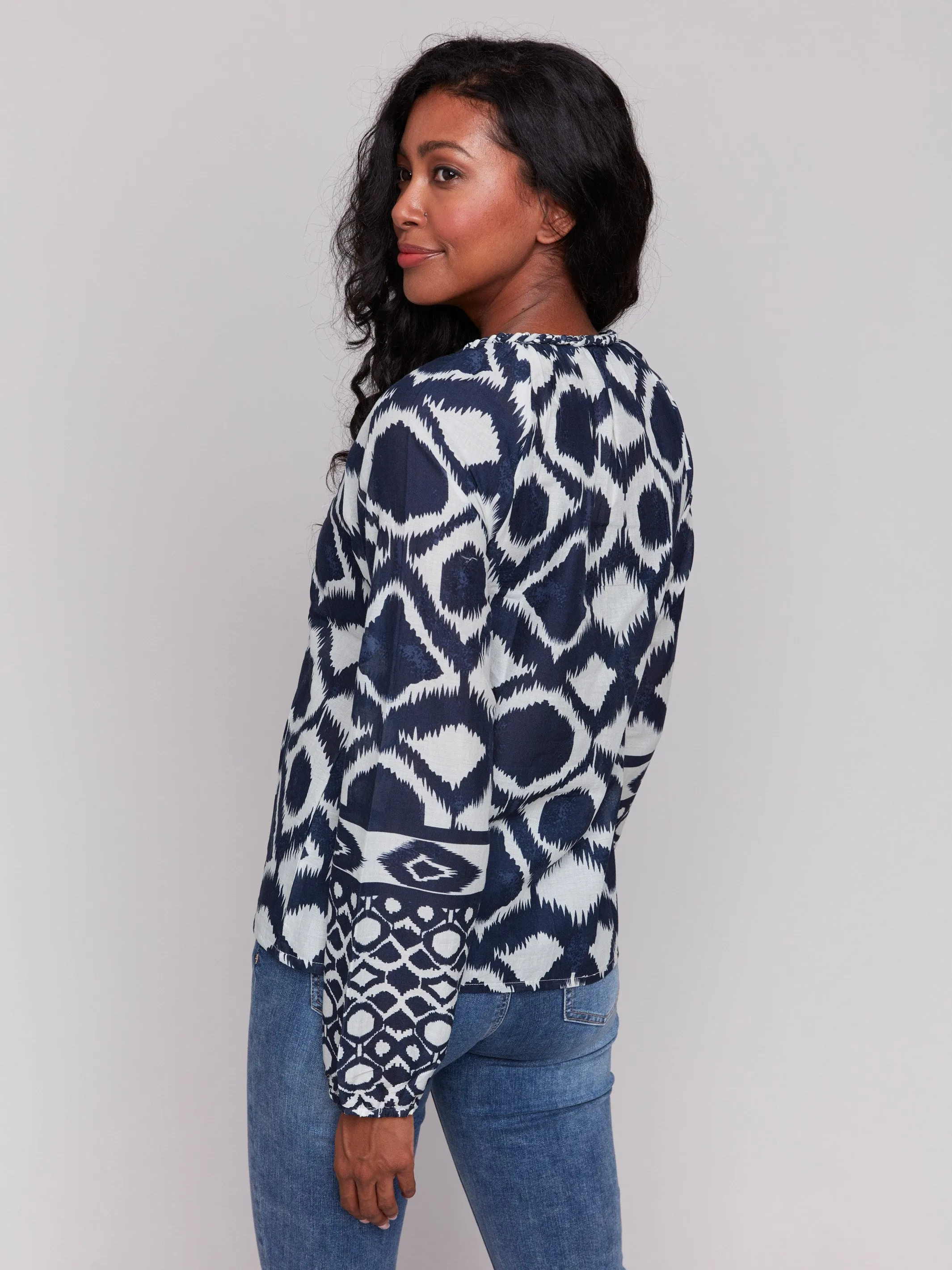 Printed Cotton Long Sleeve Popover Blouse - Navy sold by Charlie B product image thumbnail 3