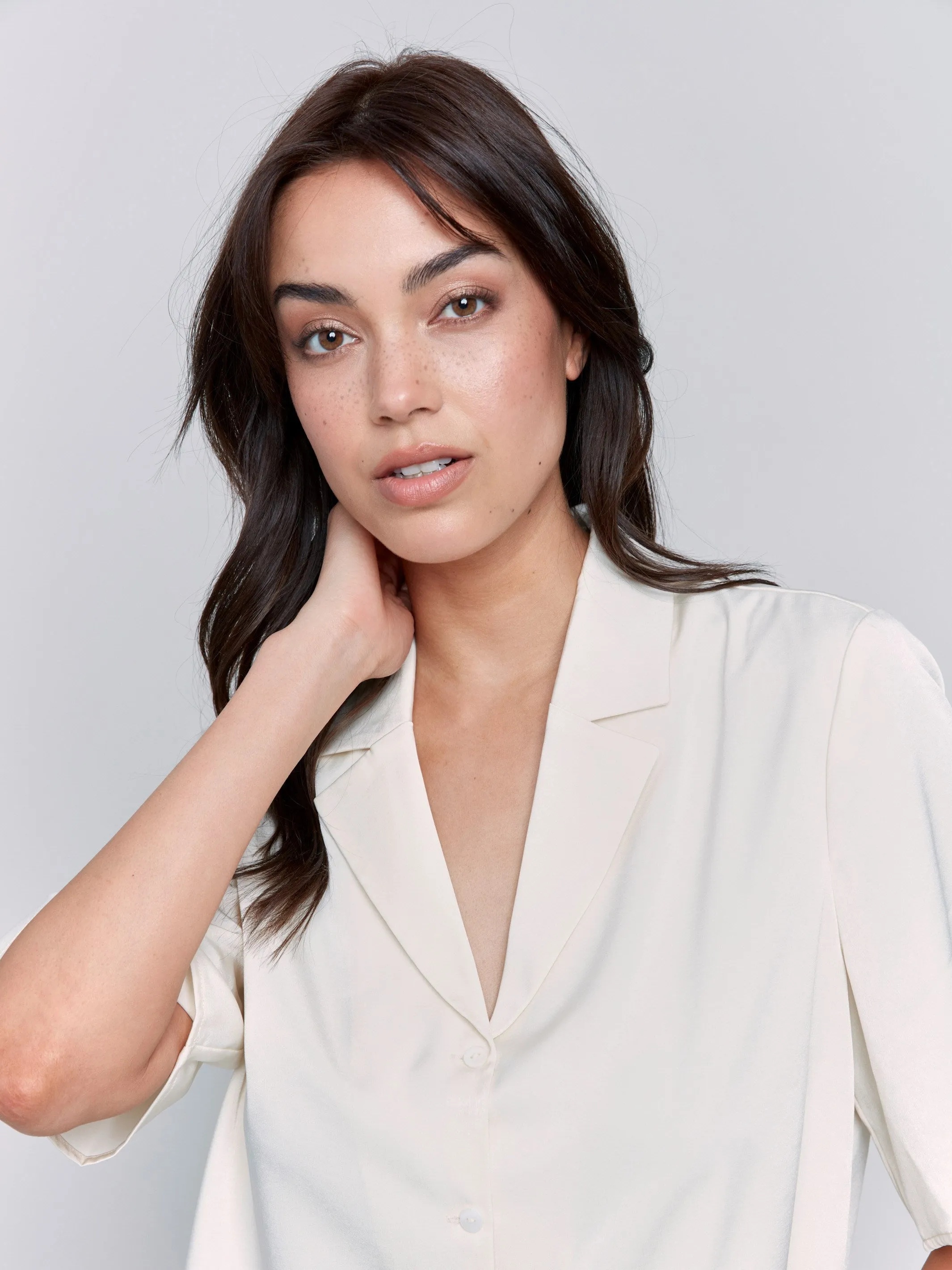 Short Sleeve Satin Button-Up Shirt - Ecru sold by Charlie B product image thumbnail 3