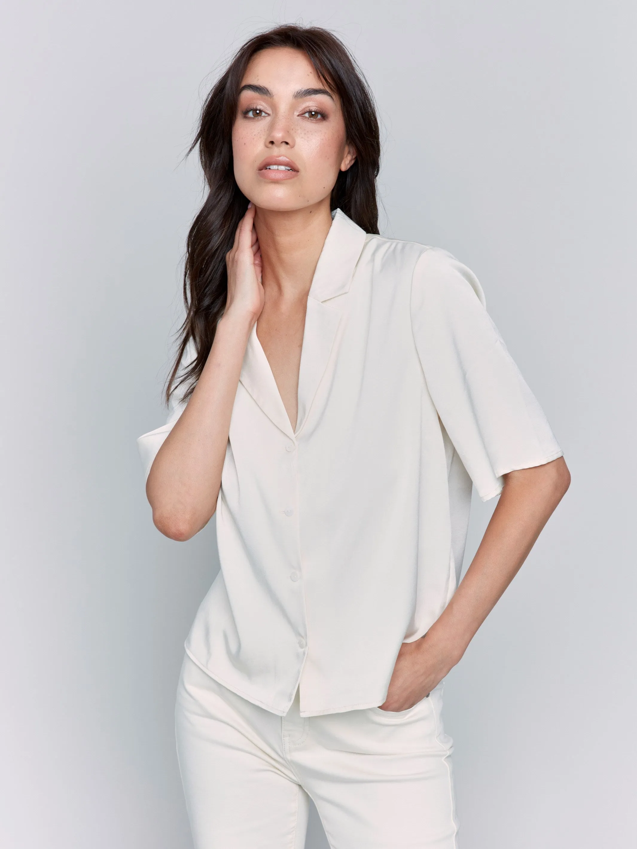 Short Sleeve Satin Button-Up Shirt - Ecru sold by Charlie B product image thumbnail 4