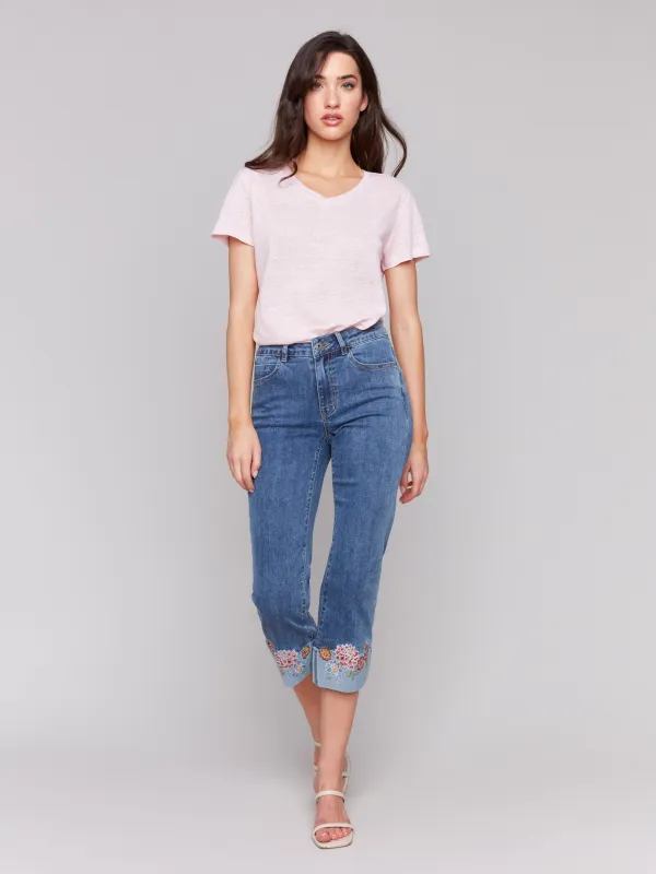 Embroidered Cuff Cropped Jeans - Medium Blue sold by Charlie B