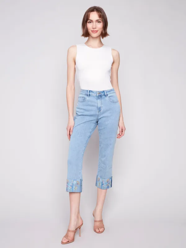 Cropped Jeans with Embroidered Cuff - Light Blue sold by Charlie B