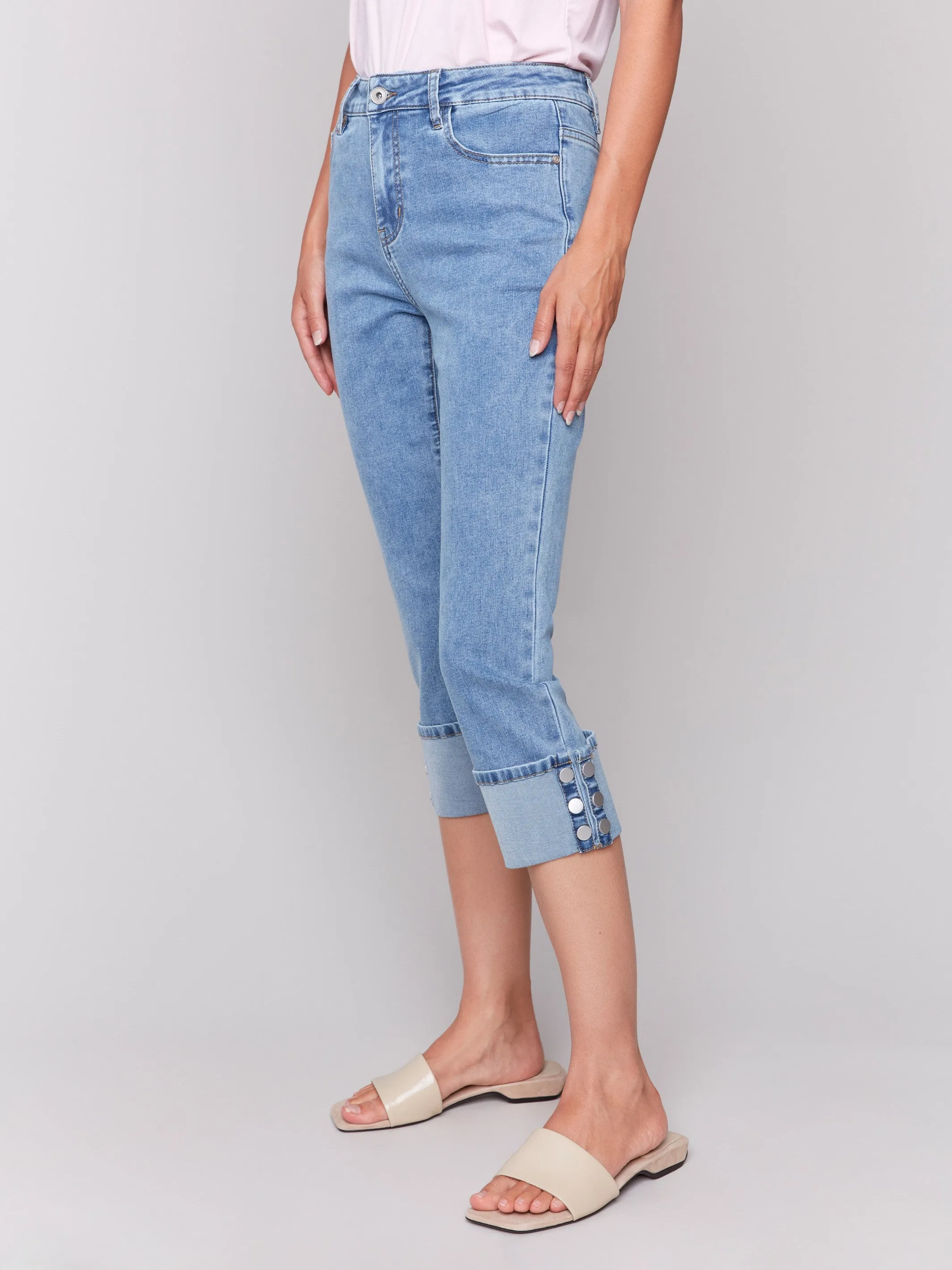 Cropped Jeans with Snap Button Cuff Detail - Light Blue sold by Charlie B product image thumbnail 3