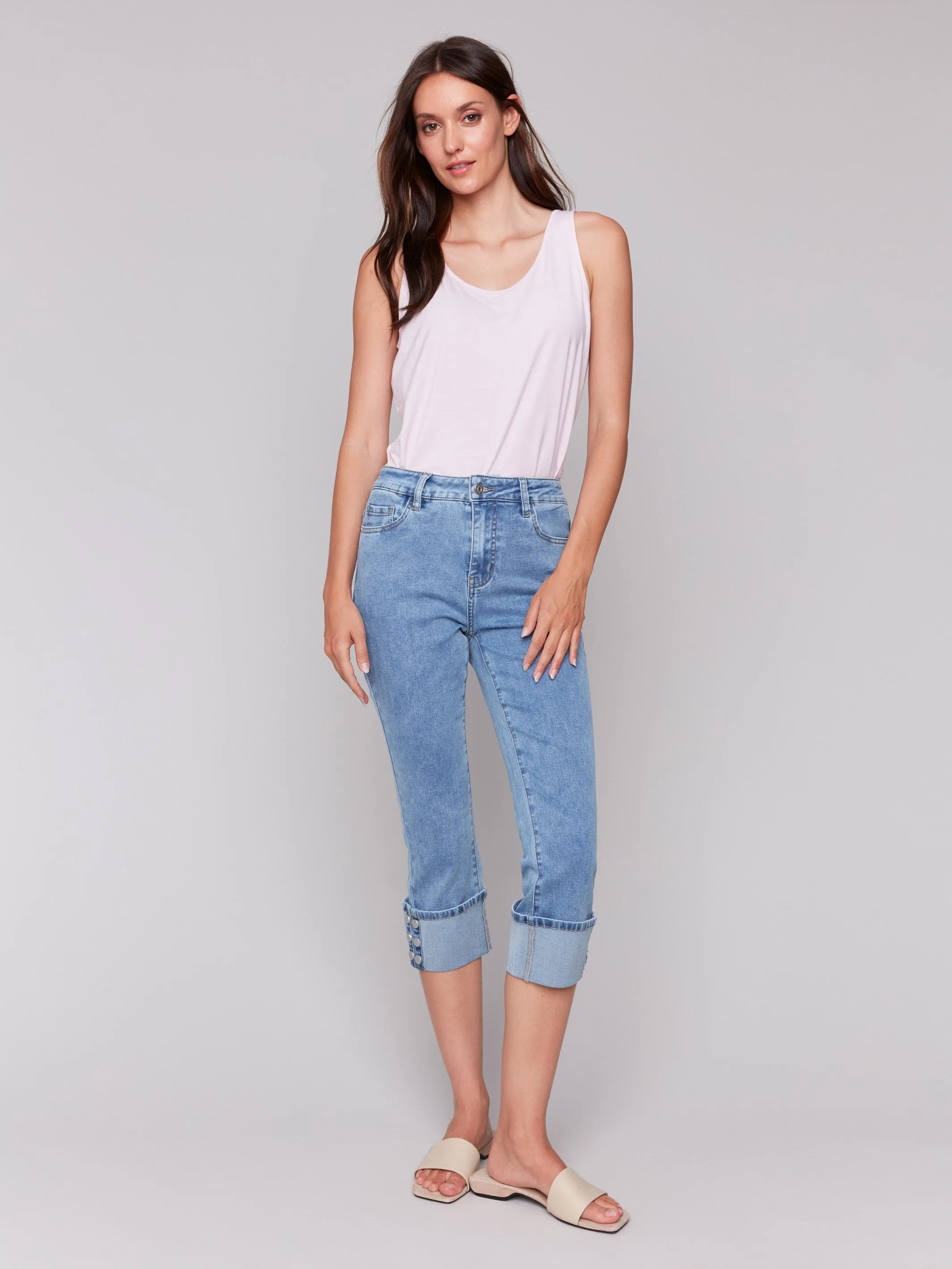 Cropped Jeans with Snap Button Cuff Detail - Light Blue sold by Charlie B
