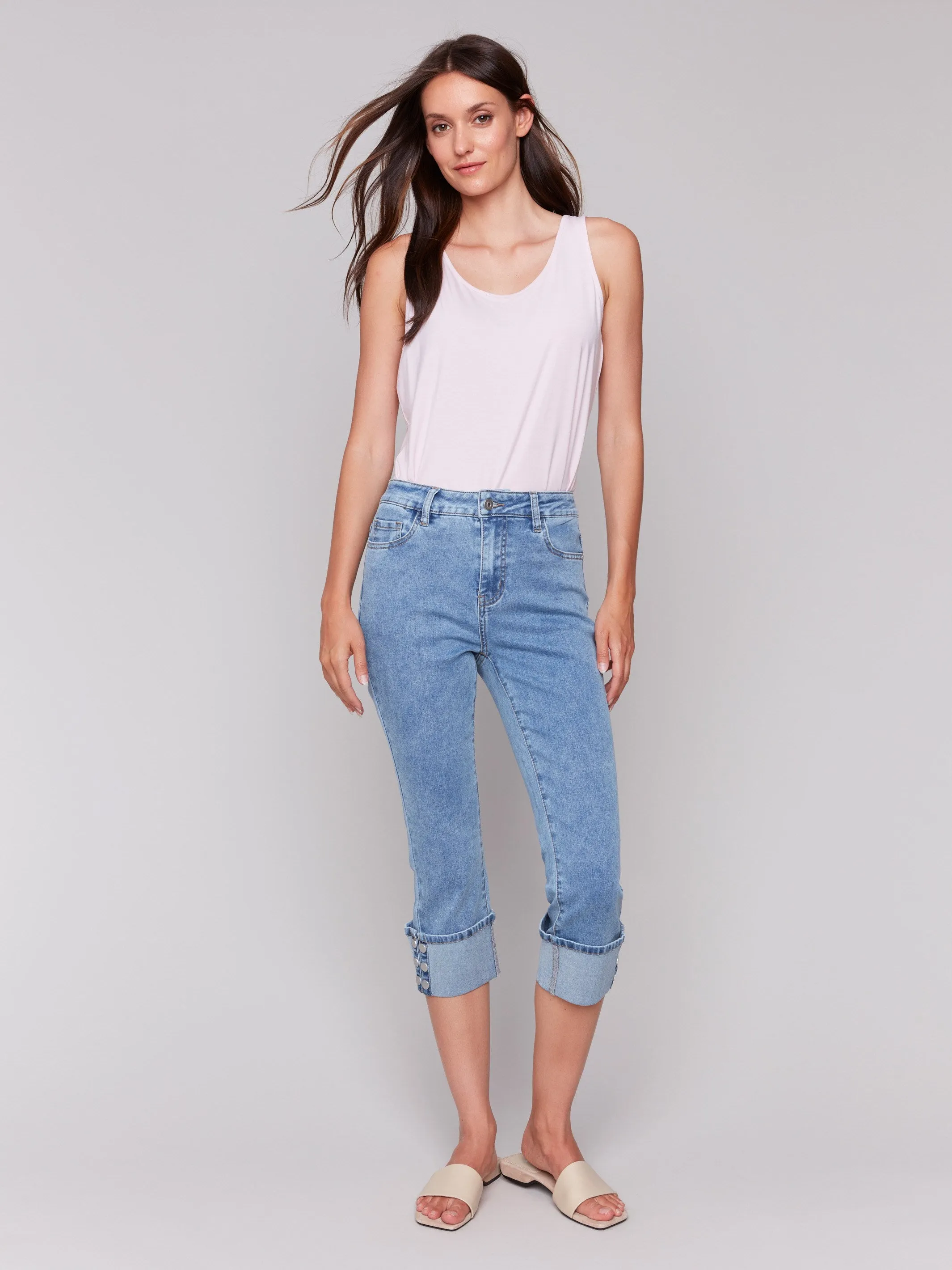 Cropped Jeans with Snap Button Cuff Detail - Light Blue sold by Charlie B product image thumbnail 5