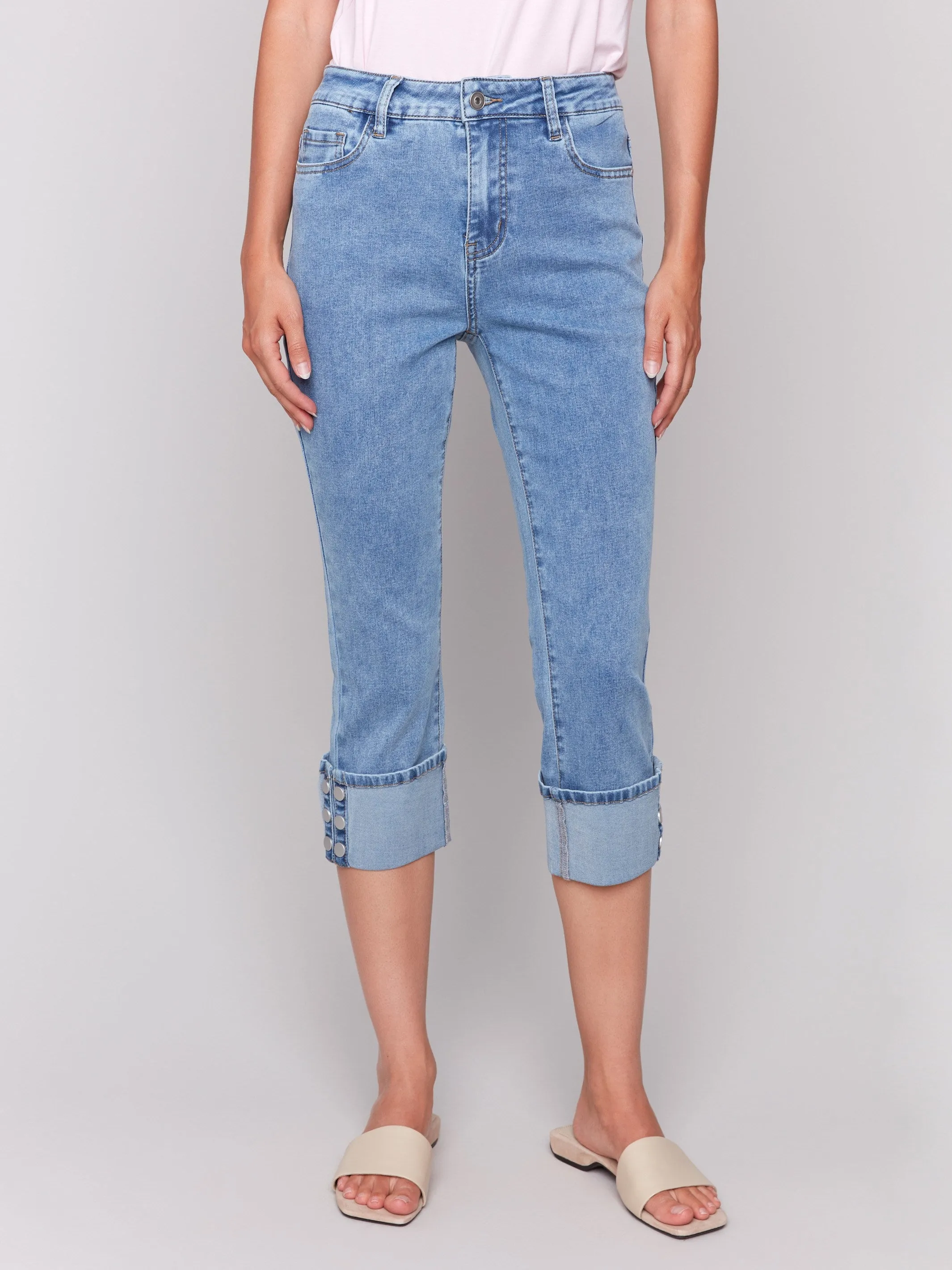Cropped Jeans with Snap Button Cuff Detail - Light Blue sold by Charlie B product image thumbnail 2