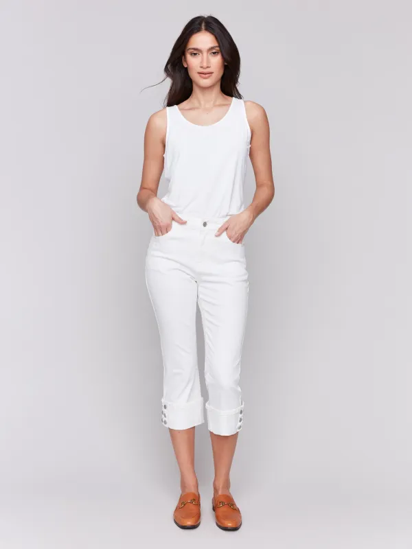 Cropped Twill Jeans with Snap Button Cuff Detail - White sold by Charlie B