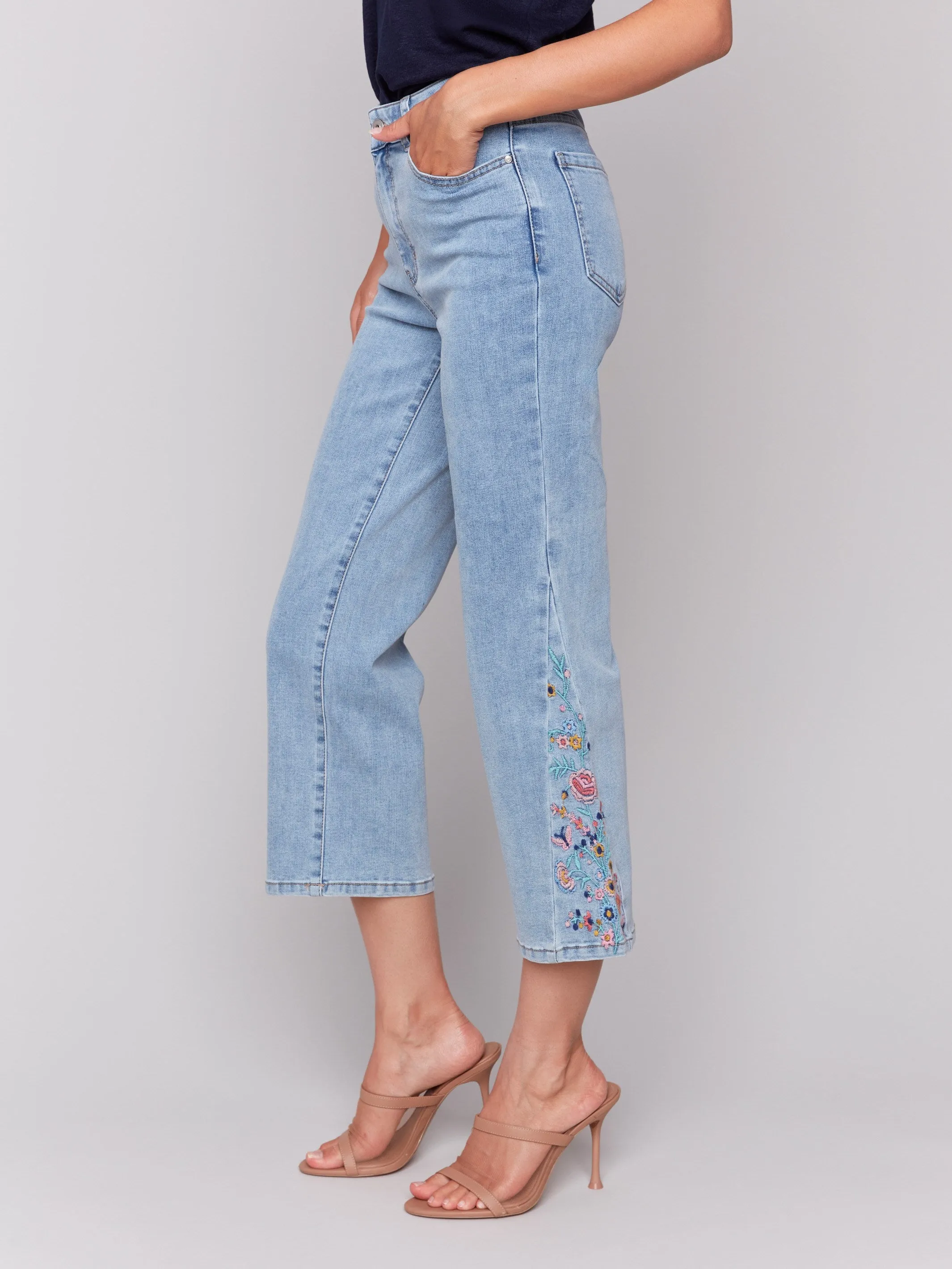 Cropped Flare Jeans with Side Cut Floral Embroidery - Light Blue sold by Charlie B product image thumbnail 3