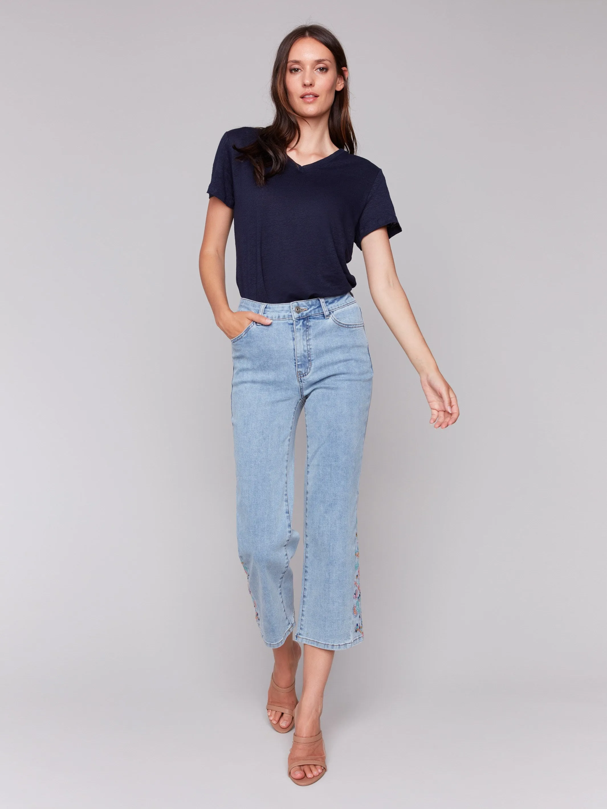 Cropped Flare Jeans with Side Cut Floral Embroidery - Light Blue sold by Charlie B product image thumbnail 4