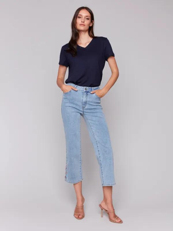 Cropped Flare Jeans with Side Cut Floral Embroidery - Light Blue sold by Charlie B