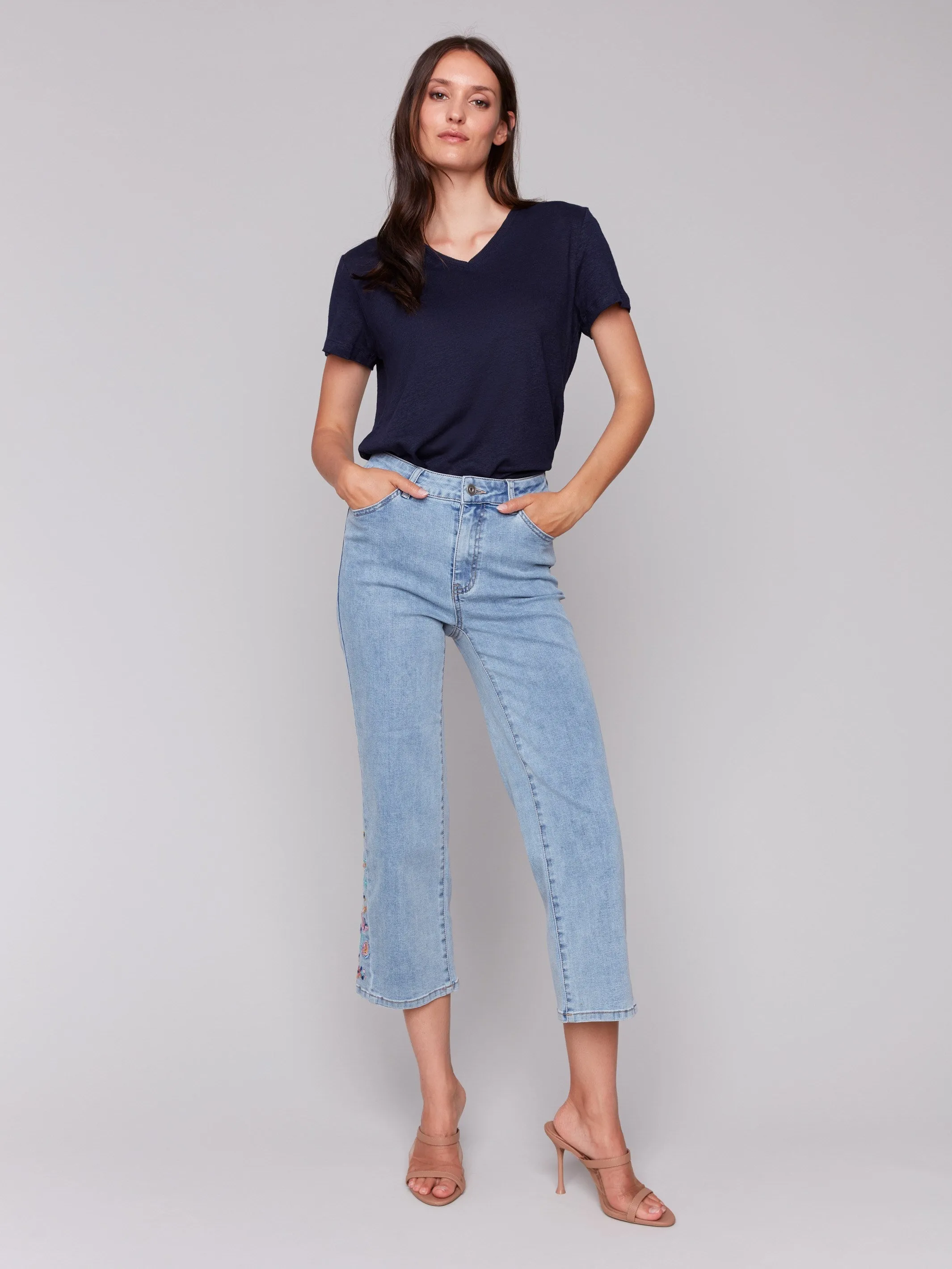 Cropped Flare Jeans with Side Cut Floral Embroidery - Light Blue sold by Charlie B