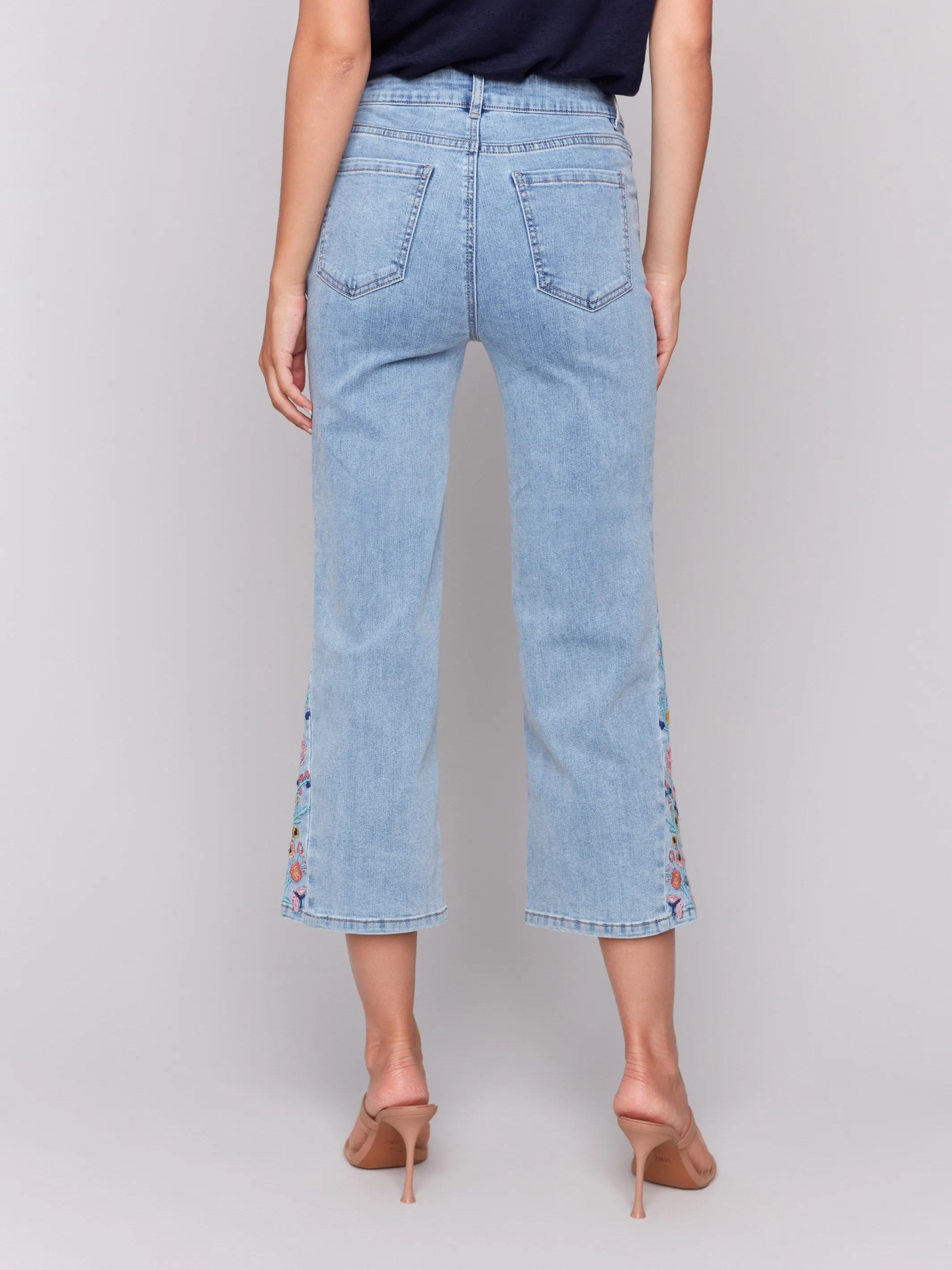 Cropped Flare Jeans with Side Cut Floral Embroidery - Light Blue sold by Charlie B product image thumbnail 5