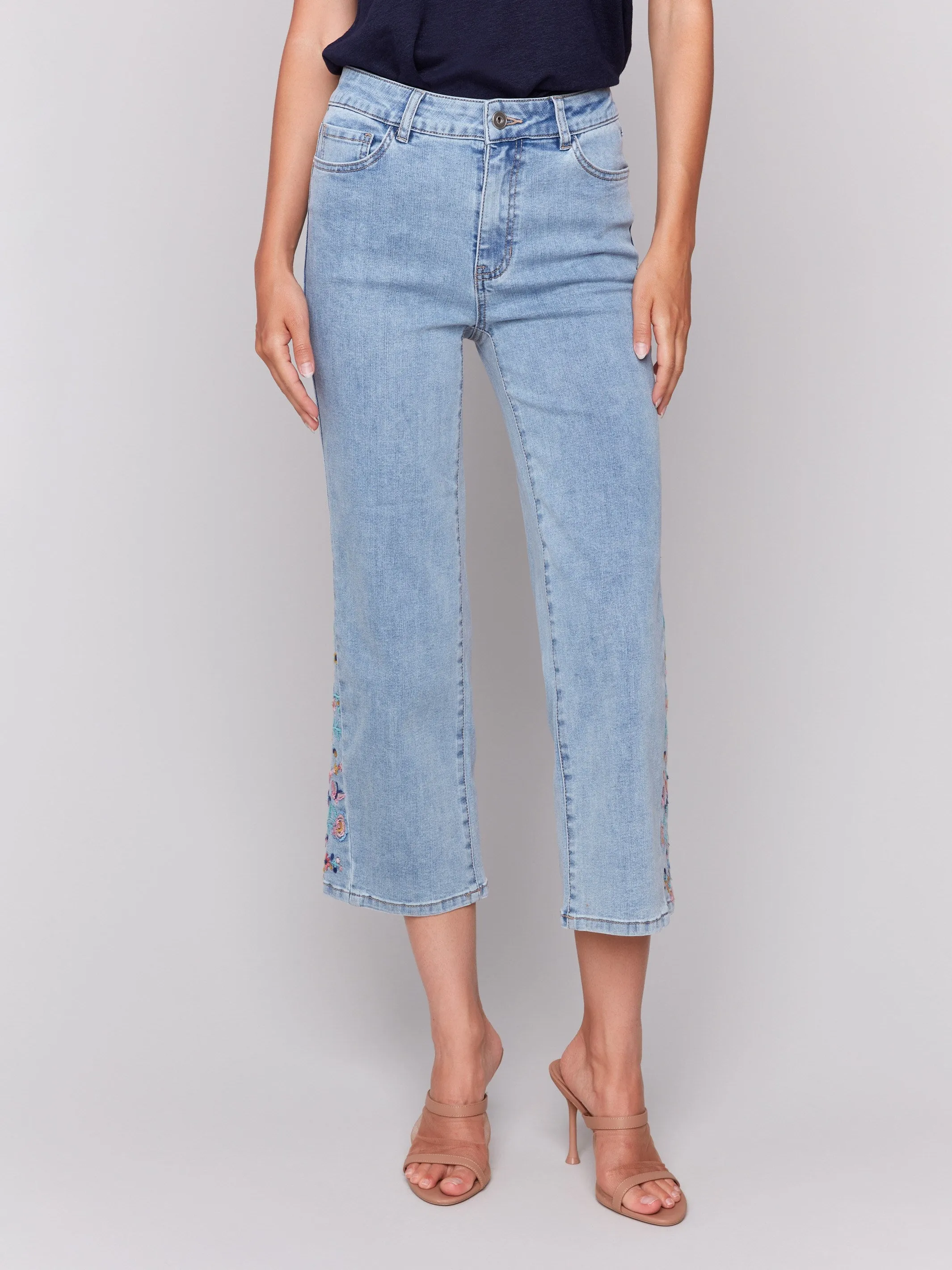 Cropped Flare Jeans with Side Cut Floral Embroidery - Light Blue sold by Charlie B product image thumbnail 2