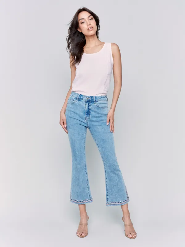 Cropped Bootcut Jeans with Embroidered Side Slit - Light Blue sold by Charlie B