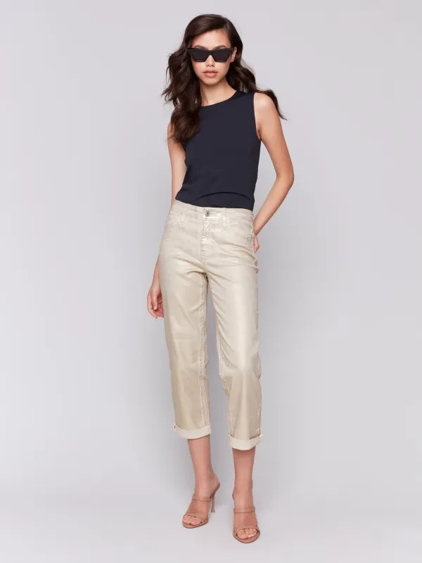 Foiled Straight Leg Pants with Cuffed Hem - Natural sold by Charlie B