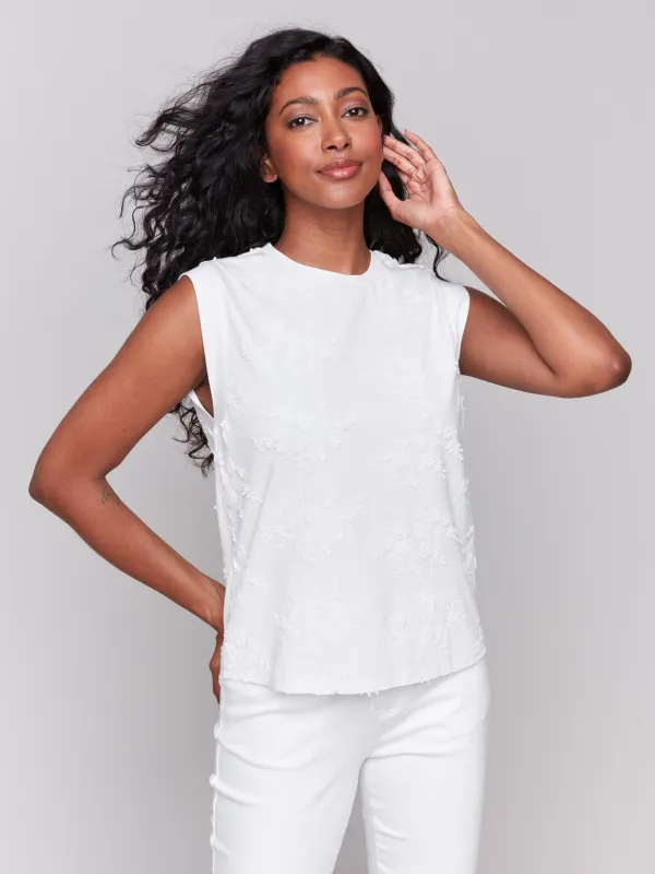 Floral Embroidered Sleeveless Cotton Top - White sold by Charlie B