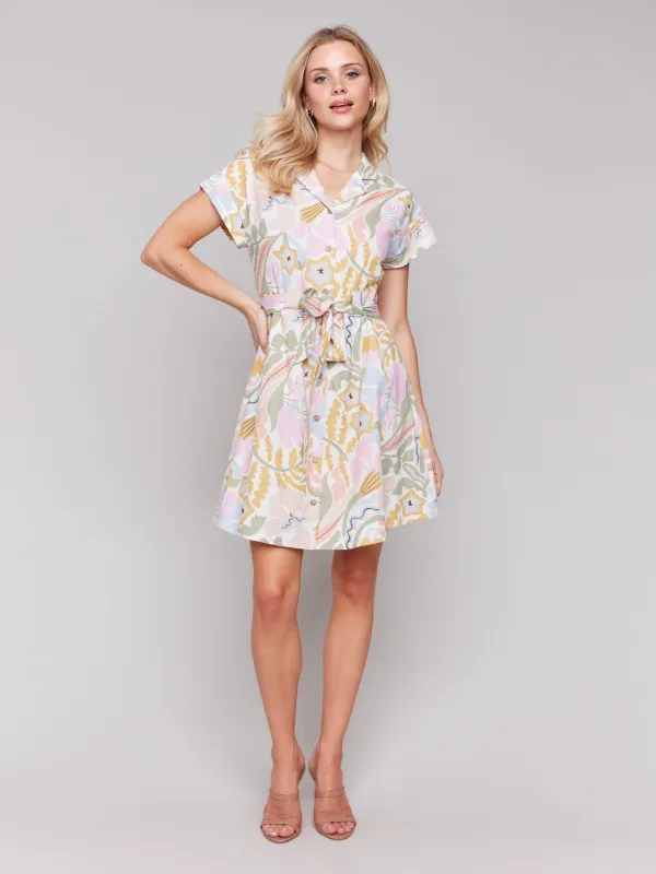 Linen Blend Short Sleeve Button-Front Dress - Pastel sold by Charlie B