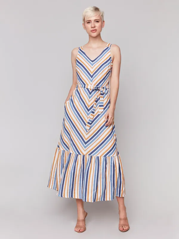 Striped Linen Blend Maxi Dress with Sash - Denim sold by Charlie B