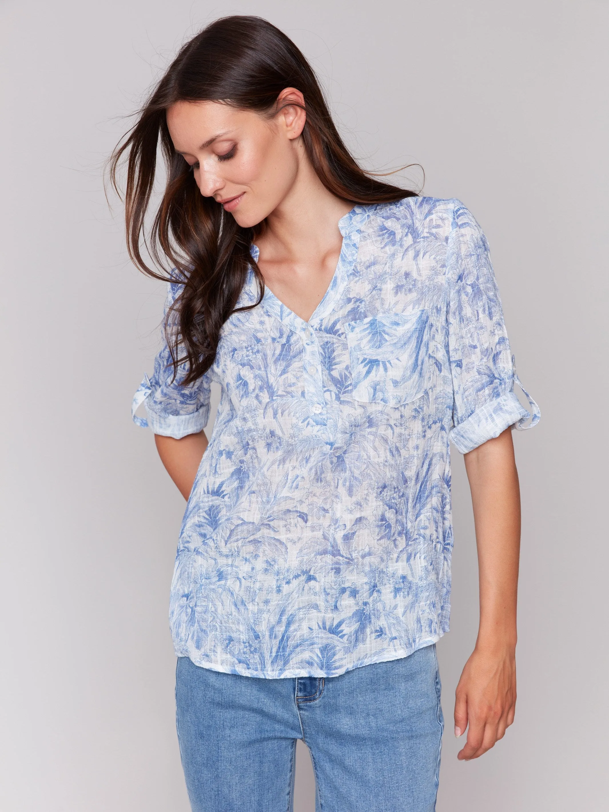 Printed Cotton Gauze Half-Button Blouse - Jungle sold by Charlie B product image thumbnail 3