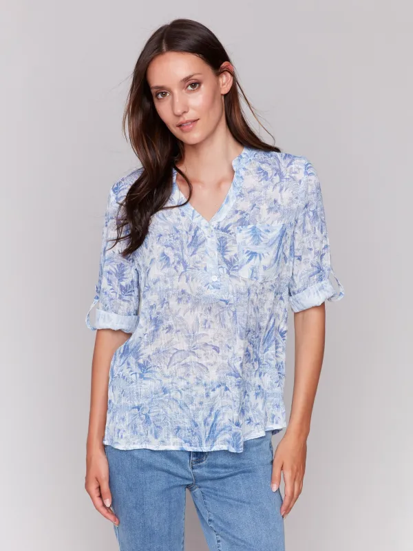 Printed Cotton Gauze Half-Button Blouse - Jungle sold by Charlie B