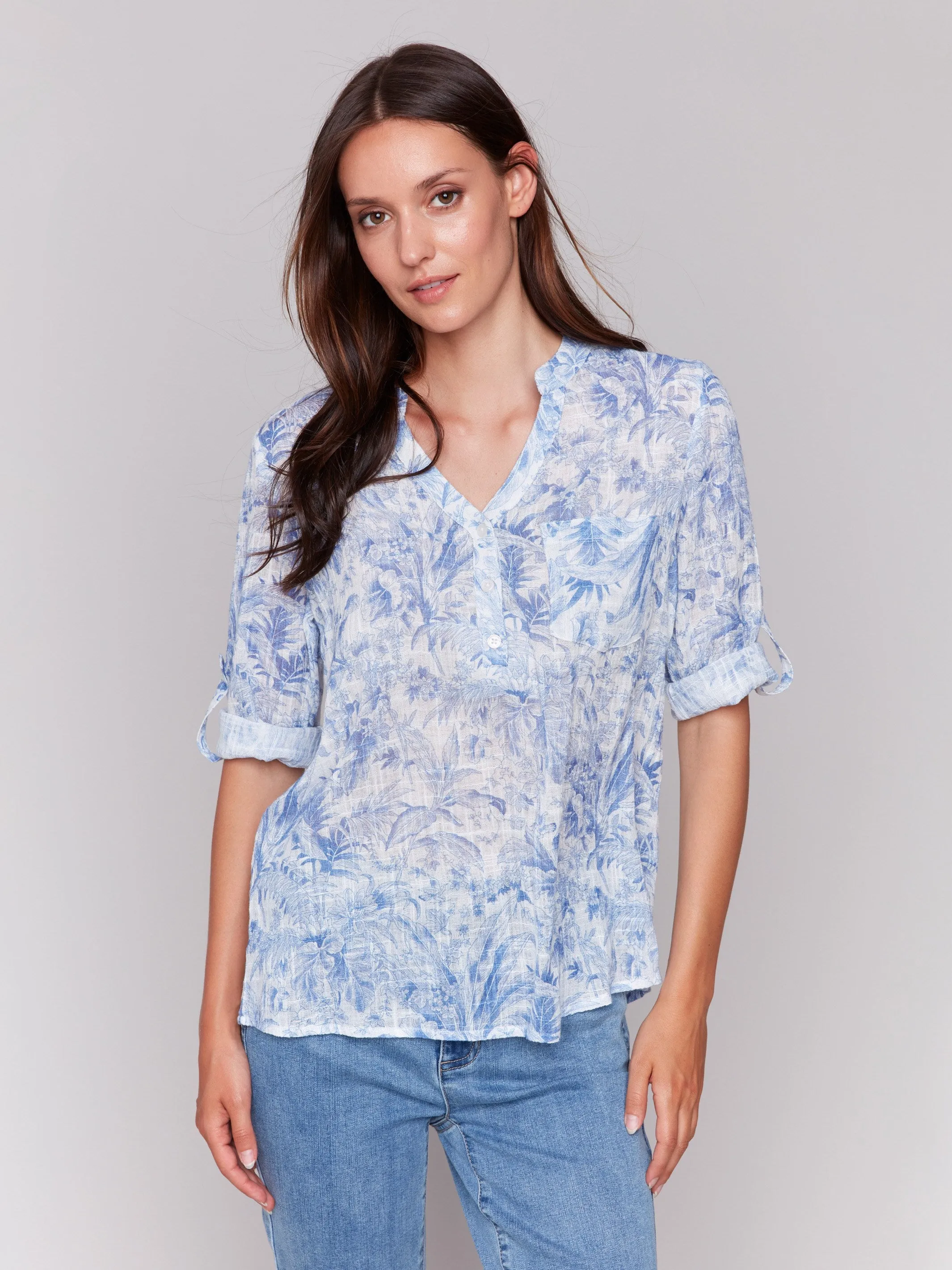 Printed Cotton Gauze Half-Button Blouse - Jungle sold by Charlie B