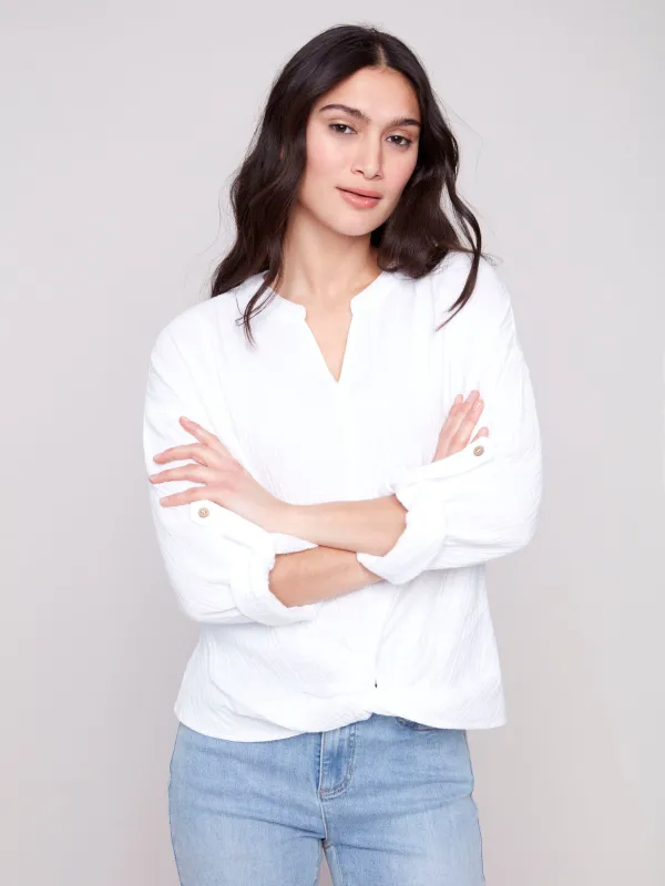 Bubble Cotton Blouse with Front Twist - White sold by Charlie B