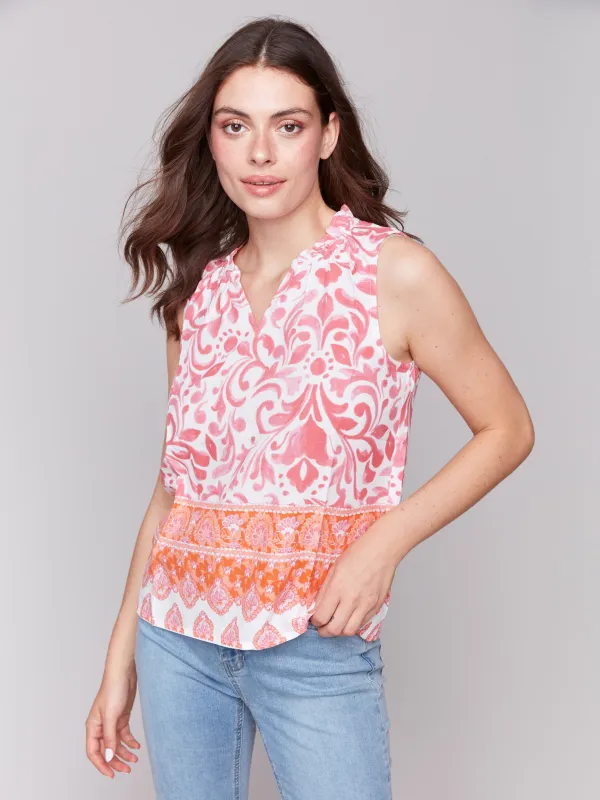 Printed Sleeveless Ruffle Neck Top - Clementine sold by Charlie B