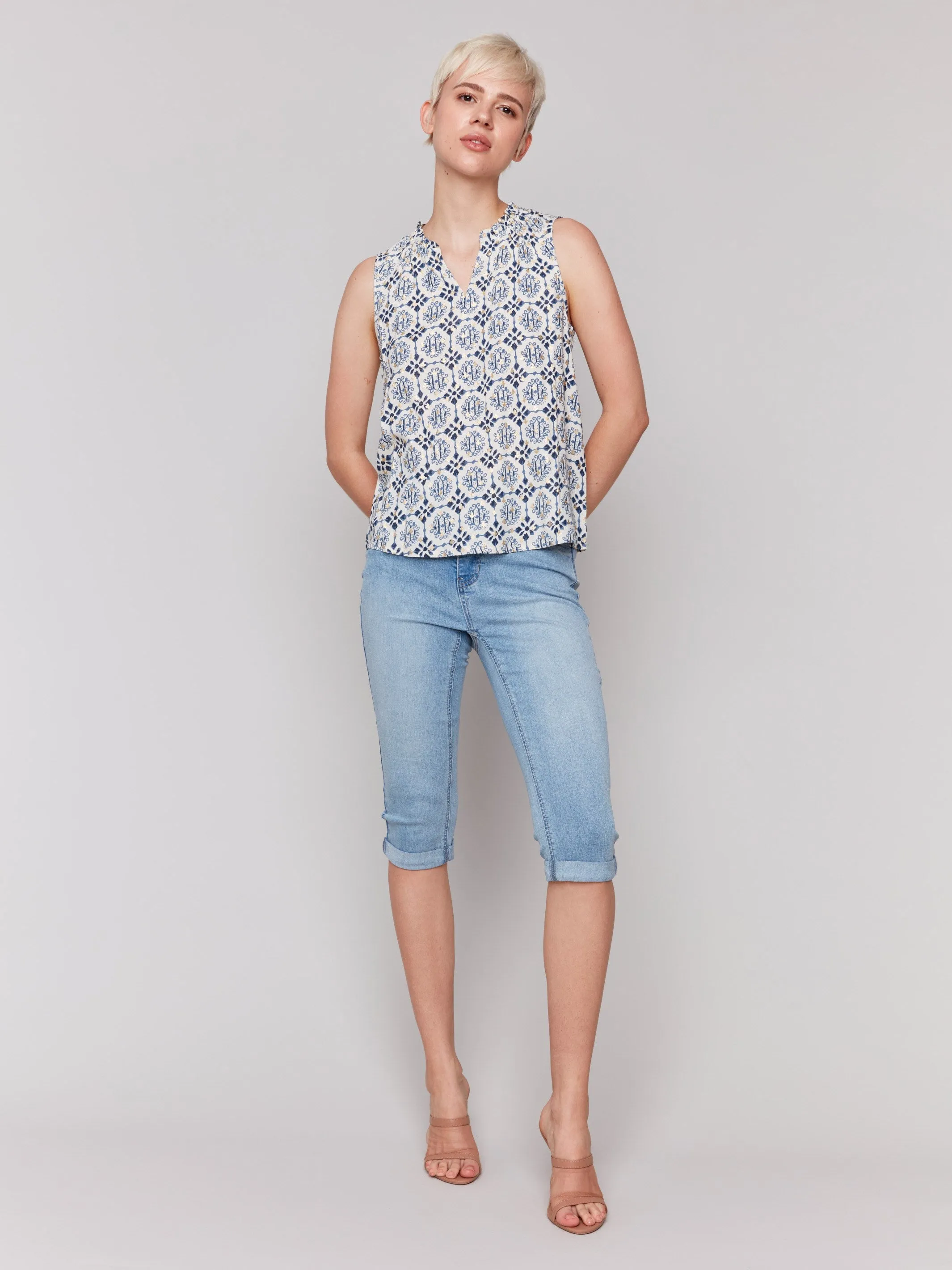 Printed Sleeveless Ruffle Neck Top - Ornament sold by Charlie B product image thumbnail 3