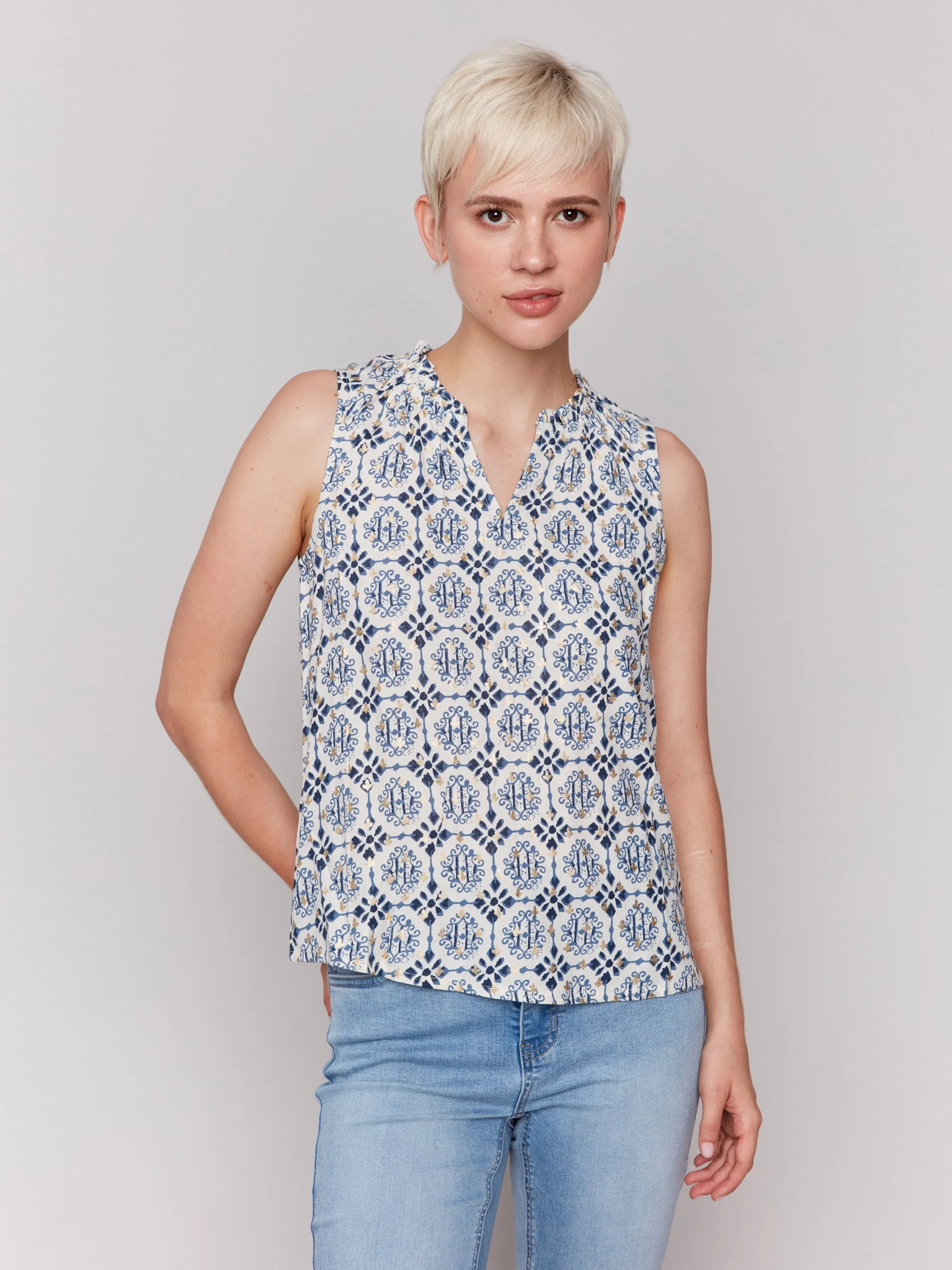 Printed Sleeveless Ruffle Neck Top - Ornament sold by Charlie B