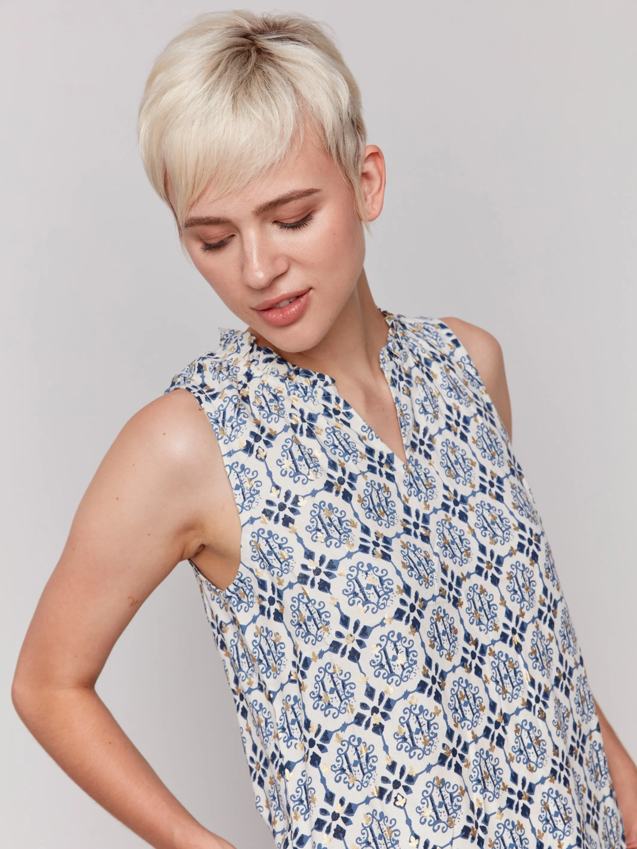Printed Sleeveless Ruffle Neck Top - Ornament sold by Charlie B product image thumbnail 2