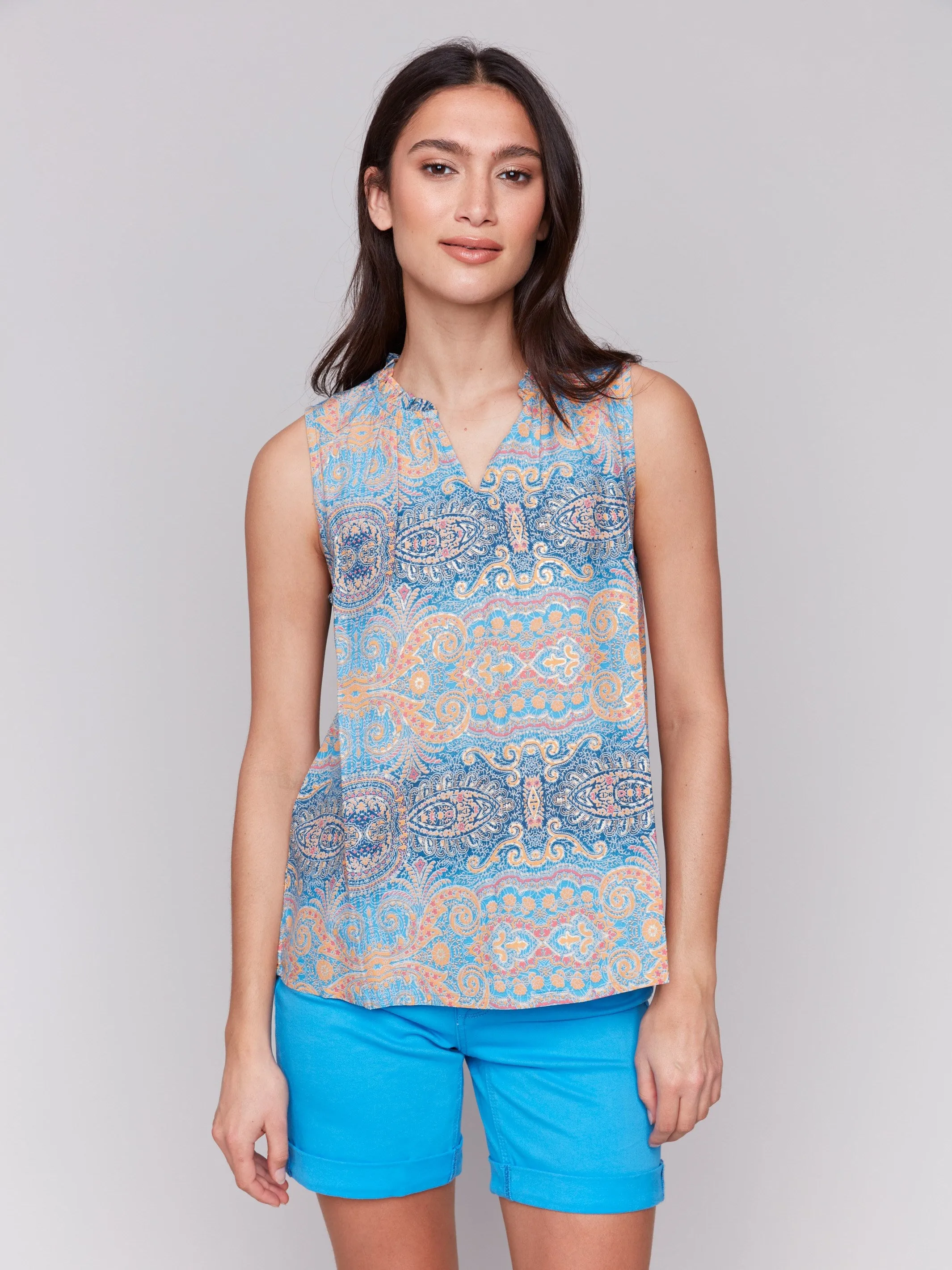 Printed Sleeveless Ruffle Neck Top - Papaya sold by Charlie B