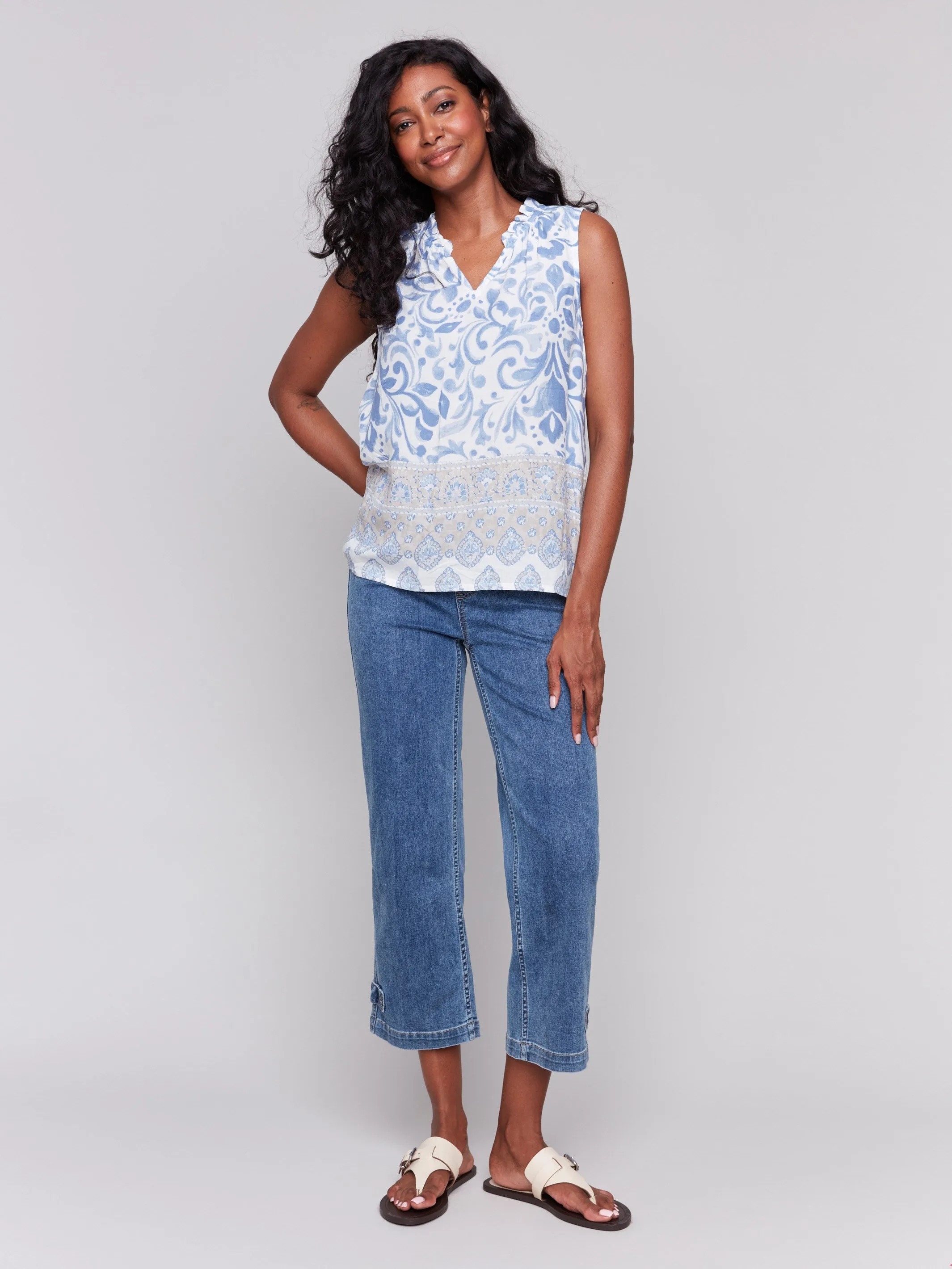 Printed Sleeveless Ruffle Neck Top - Royal sold by Charlie B product image thumbnail 2